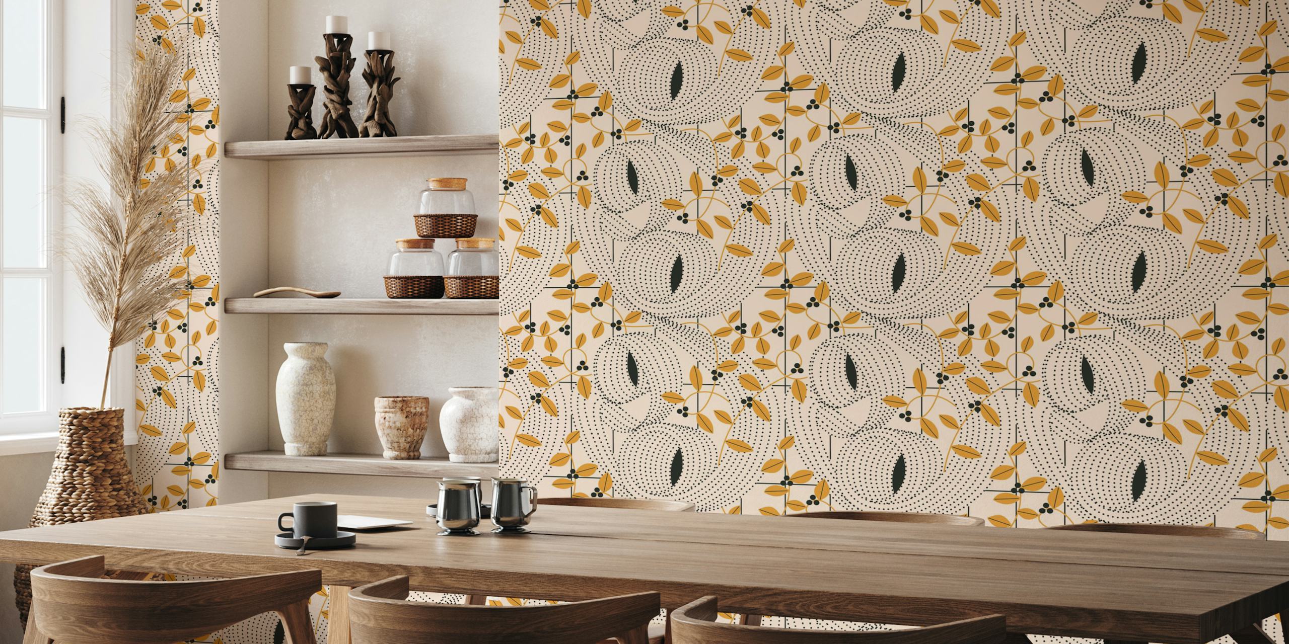 Botanical pattern with black leaves and goldenrod accents on cream background wallpaper