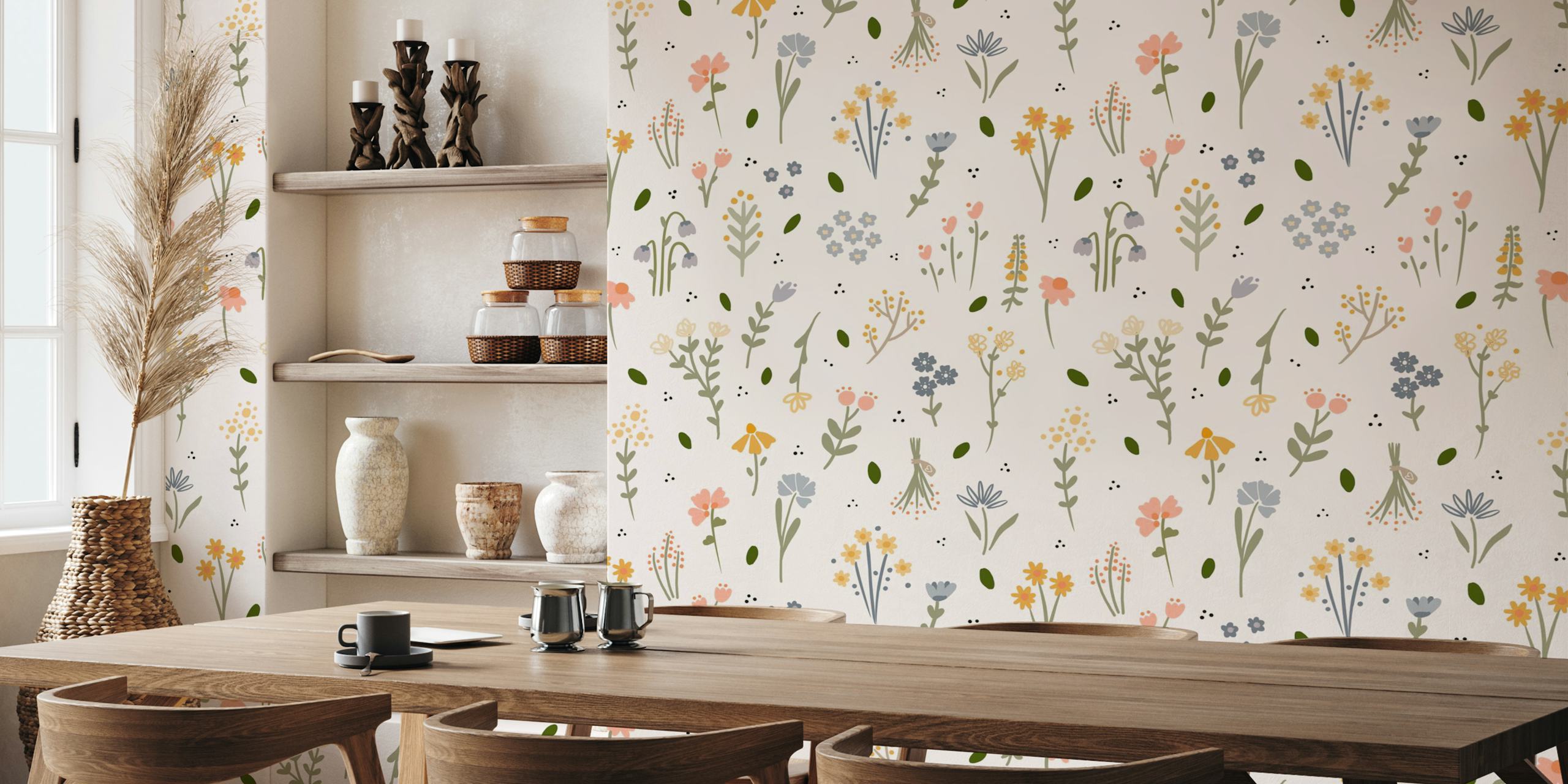 Mural de pared Wildflower Fields con flores silvestres en colores pastel y follaje sobre un fondo claro