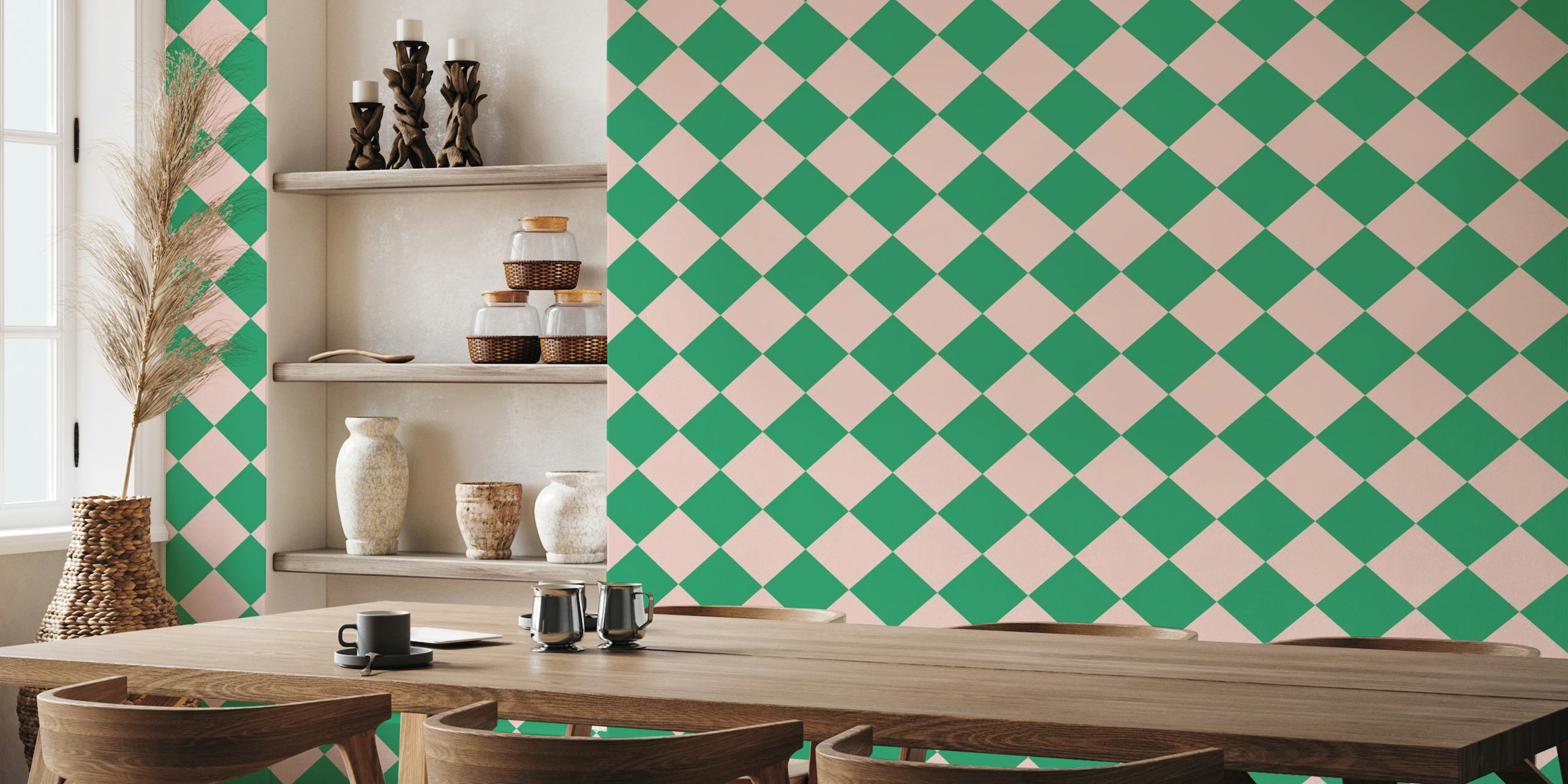 Diagonal Checkerboard Large - Pink and Green wallpaper