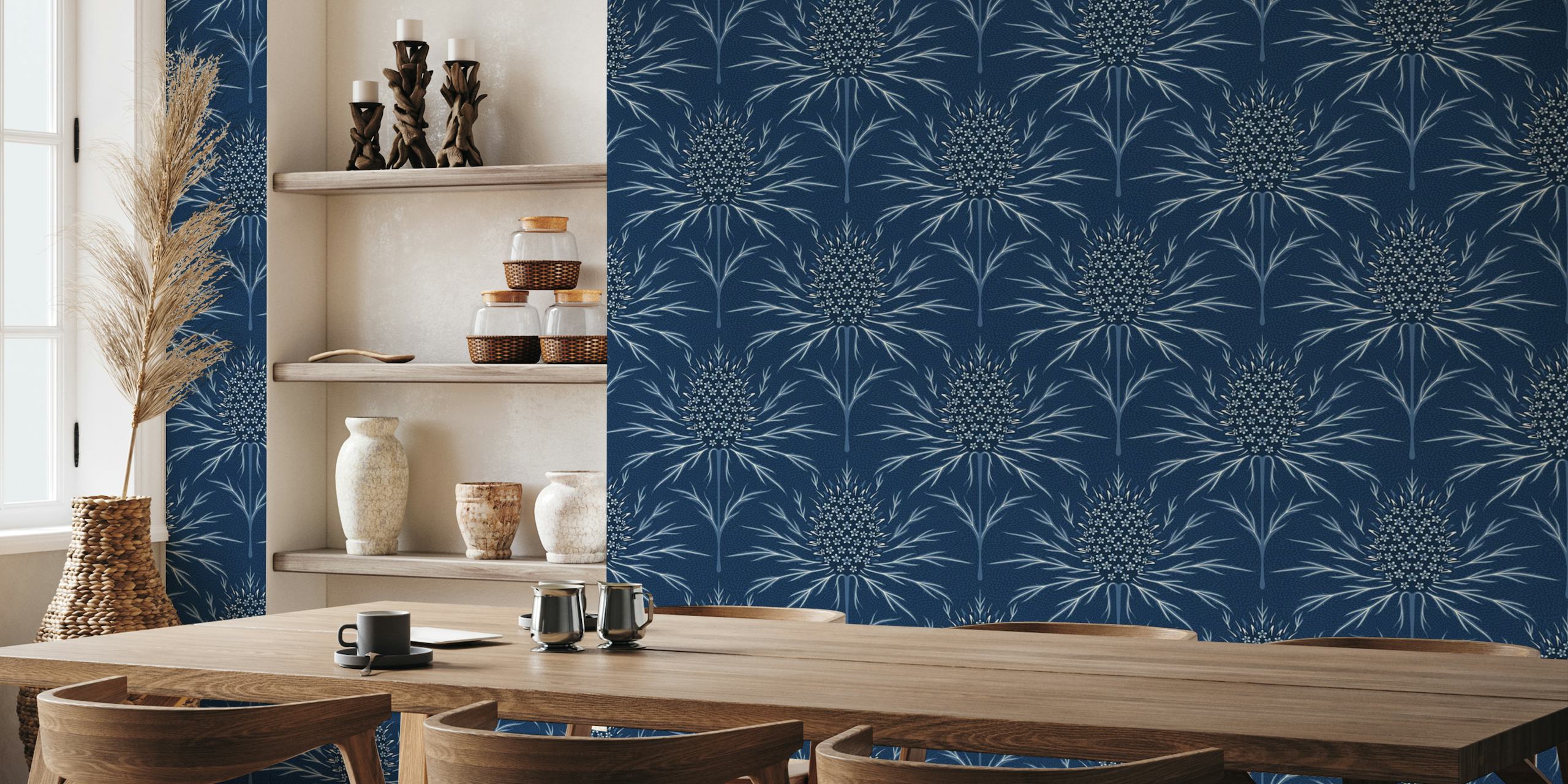 Maximalist thistle pattern on monochrome blue background wall mural