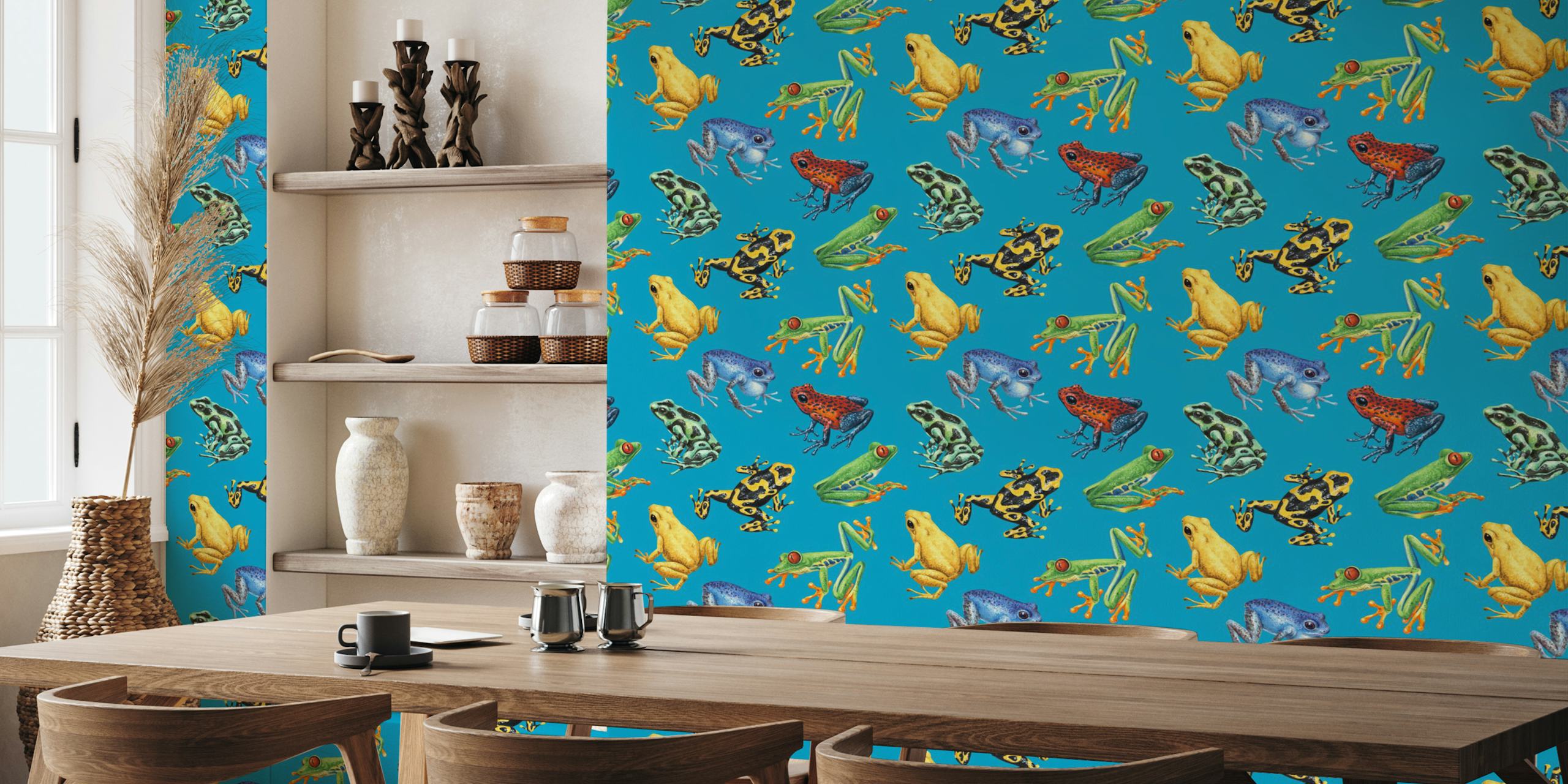Frogs on blue wallpaper in a room