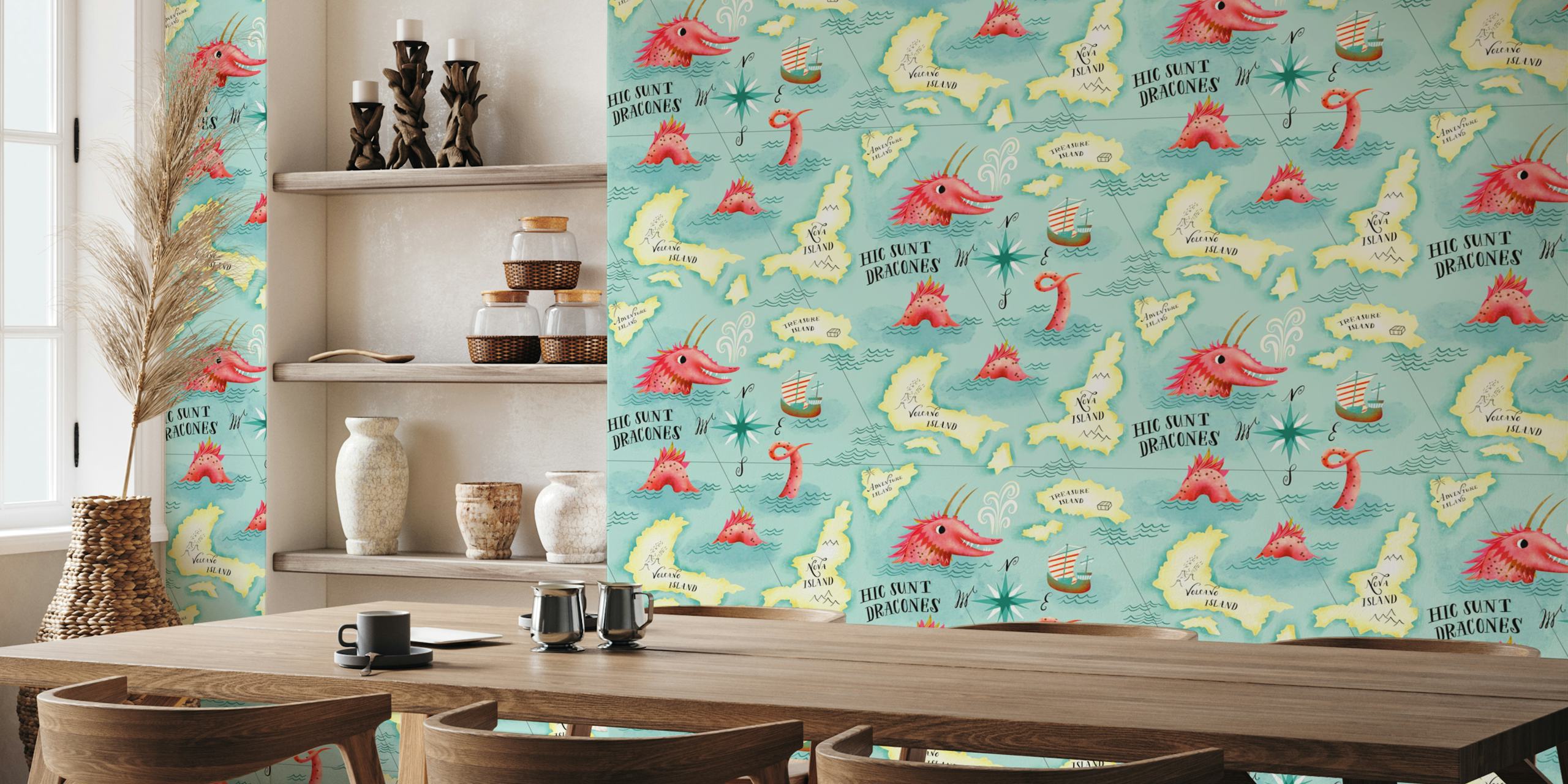 Colorful vintage map with dragons and ships wallpaper