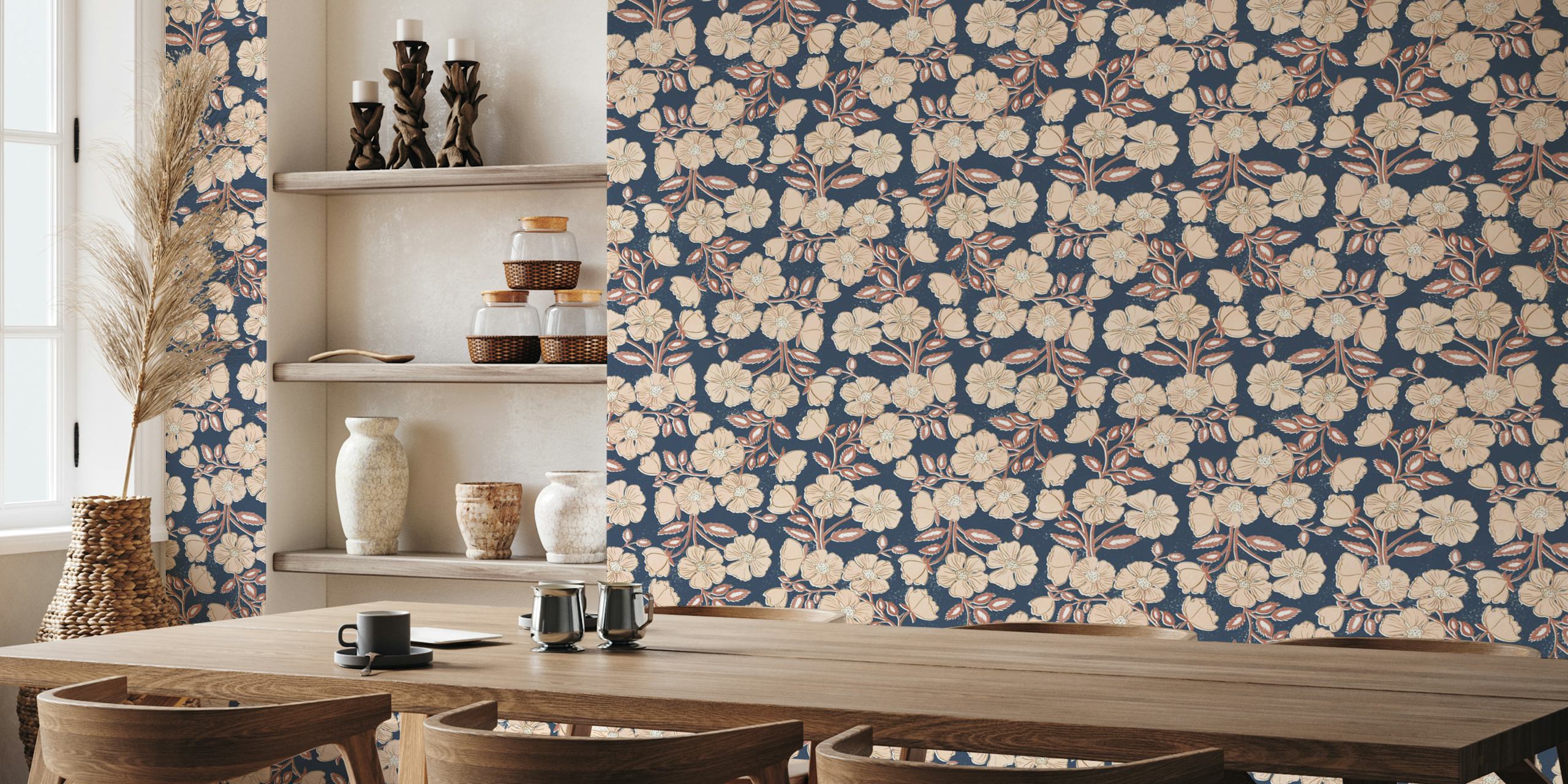 Wild Rose Block Print Floral tapetdesign i rommet