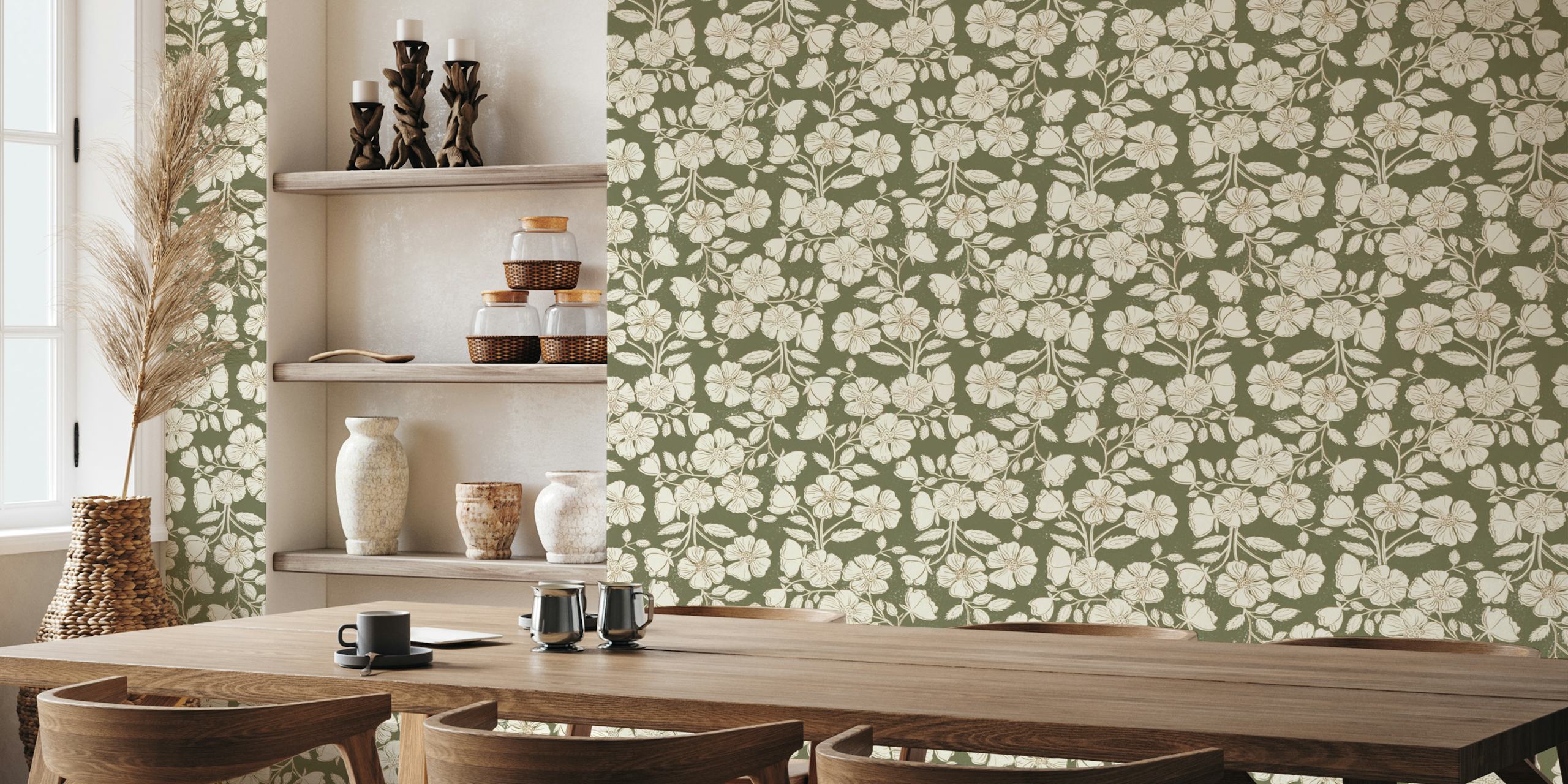 Wild rose block print wallpaper in a room