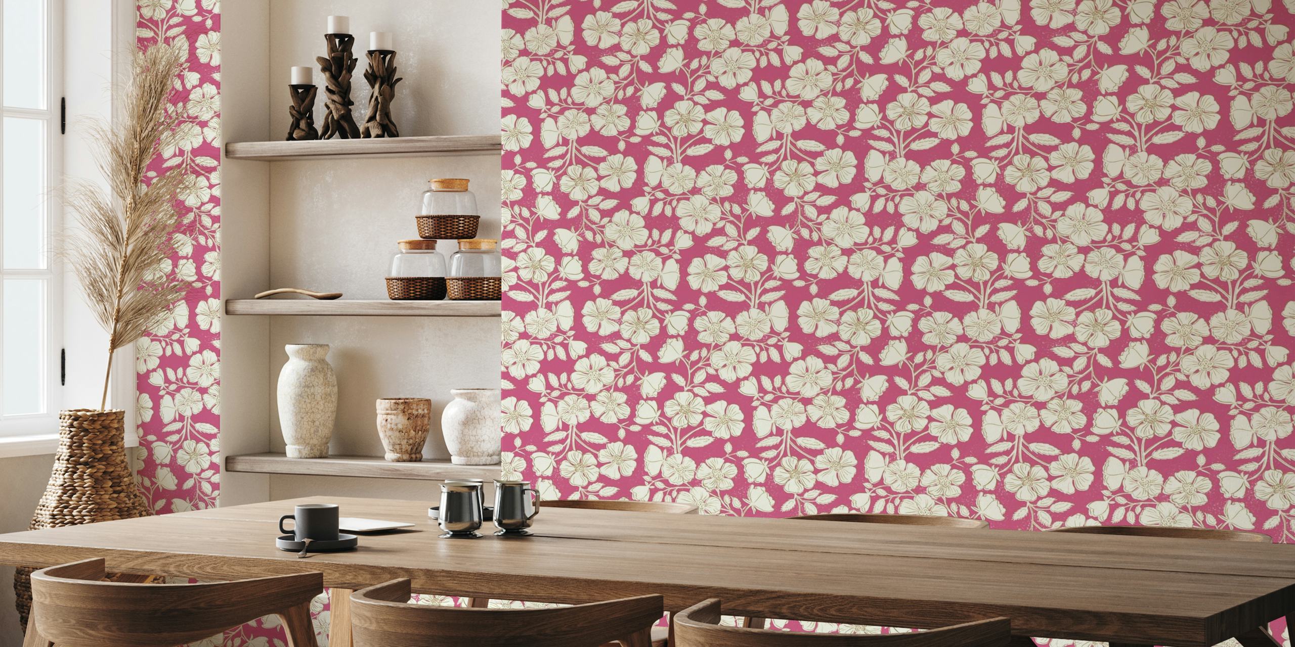 Wild Rose Block Print Floral on cerise pink wallpaper