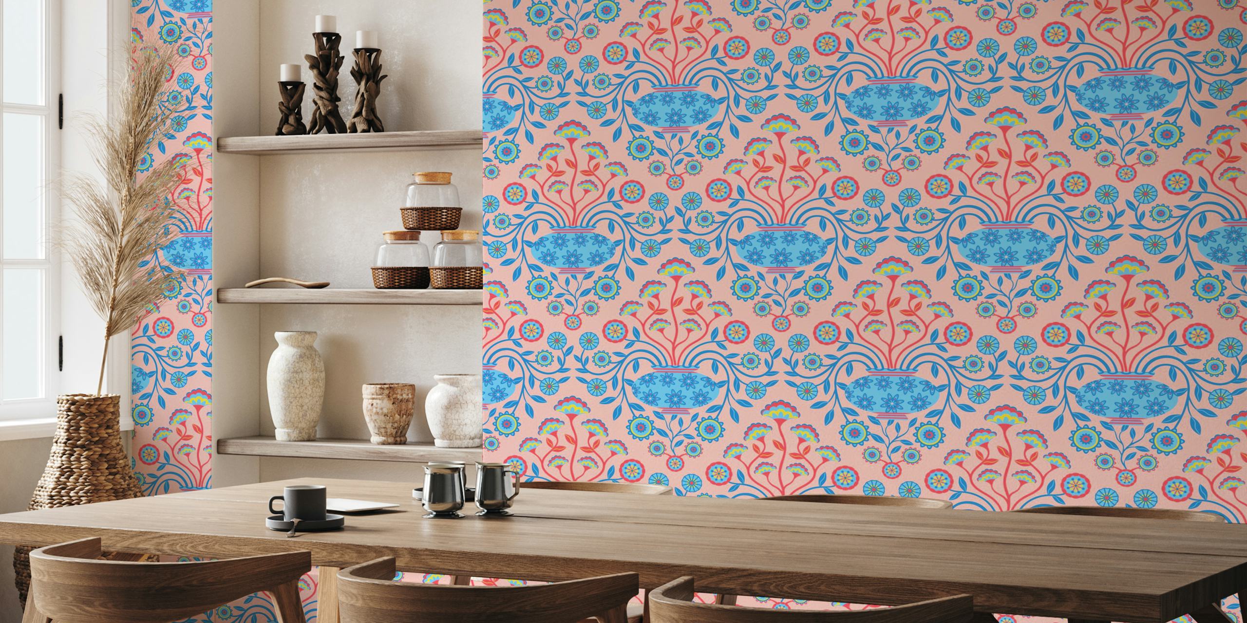 Dreamy damask pink cottage floral wallpaper design