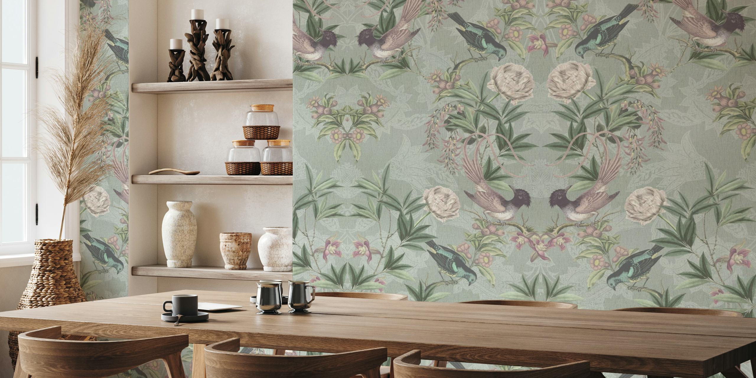 Heritage birds and floral damask tapet i et rom