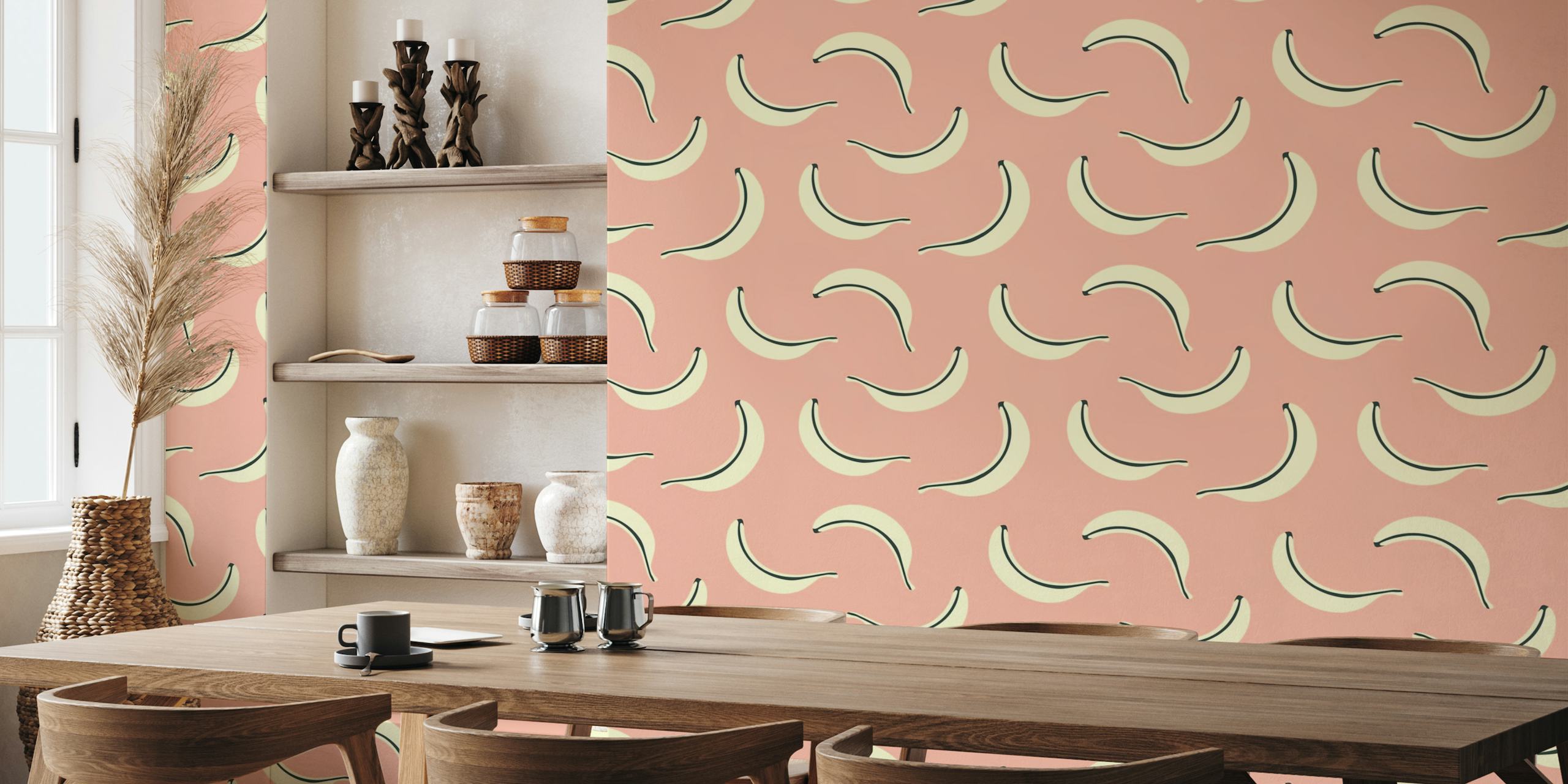 Stylized bananas on a vibrant pink background wall mural