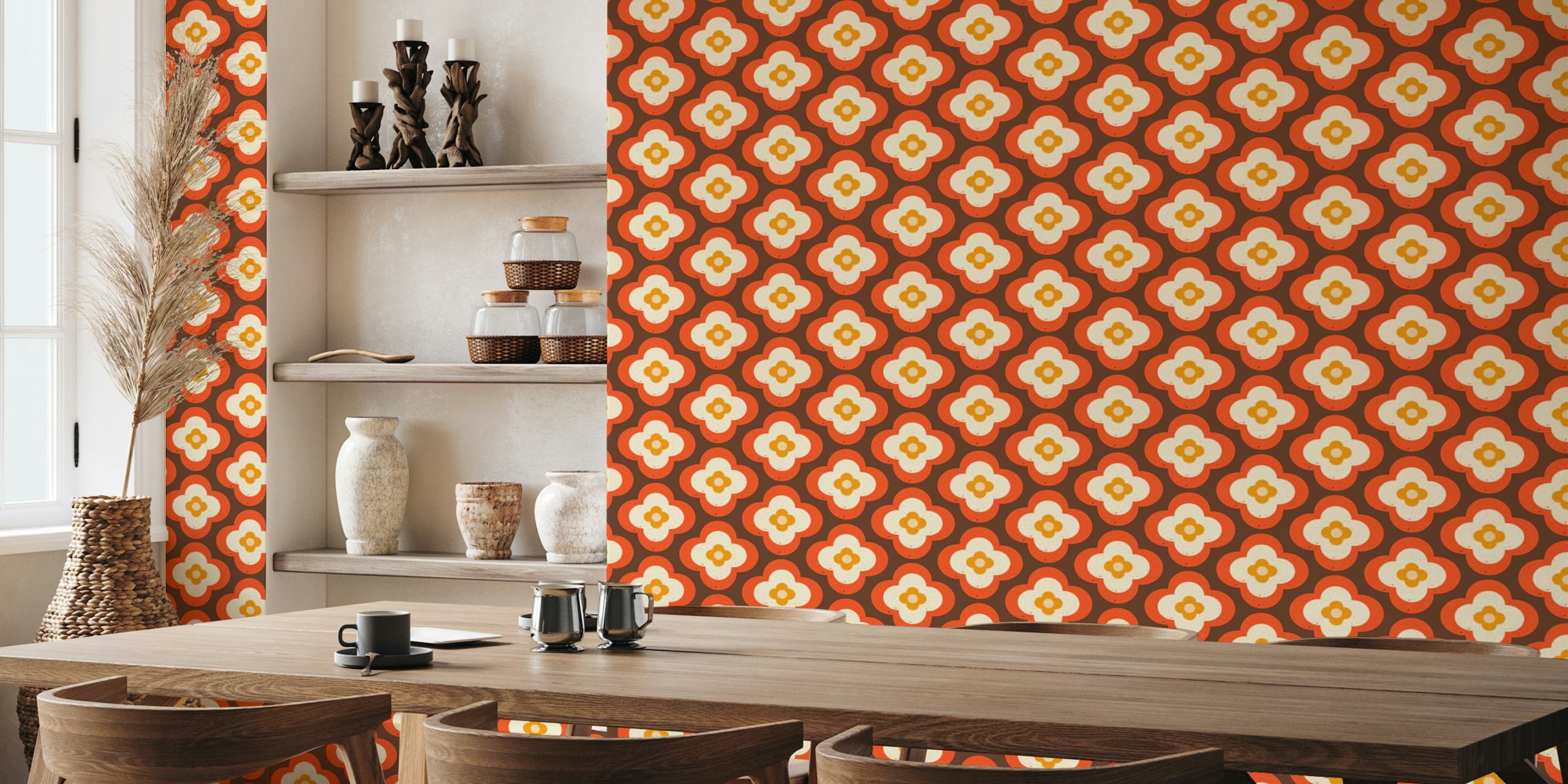 Ρετρό εμπνευσμένο τοιχογραφία Mod 70s Flower Daisy Orange με σχέδιο mid-century.