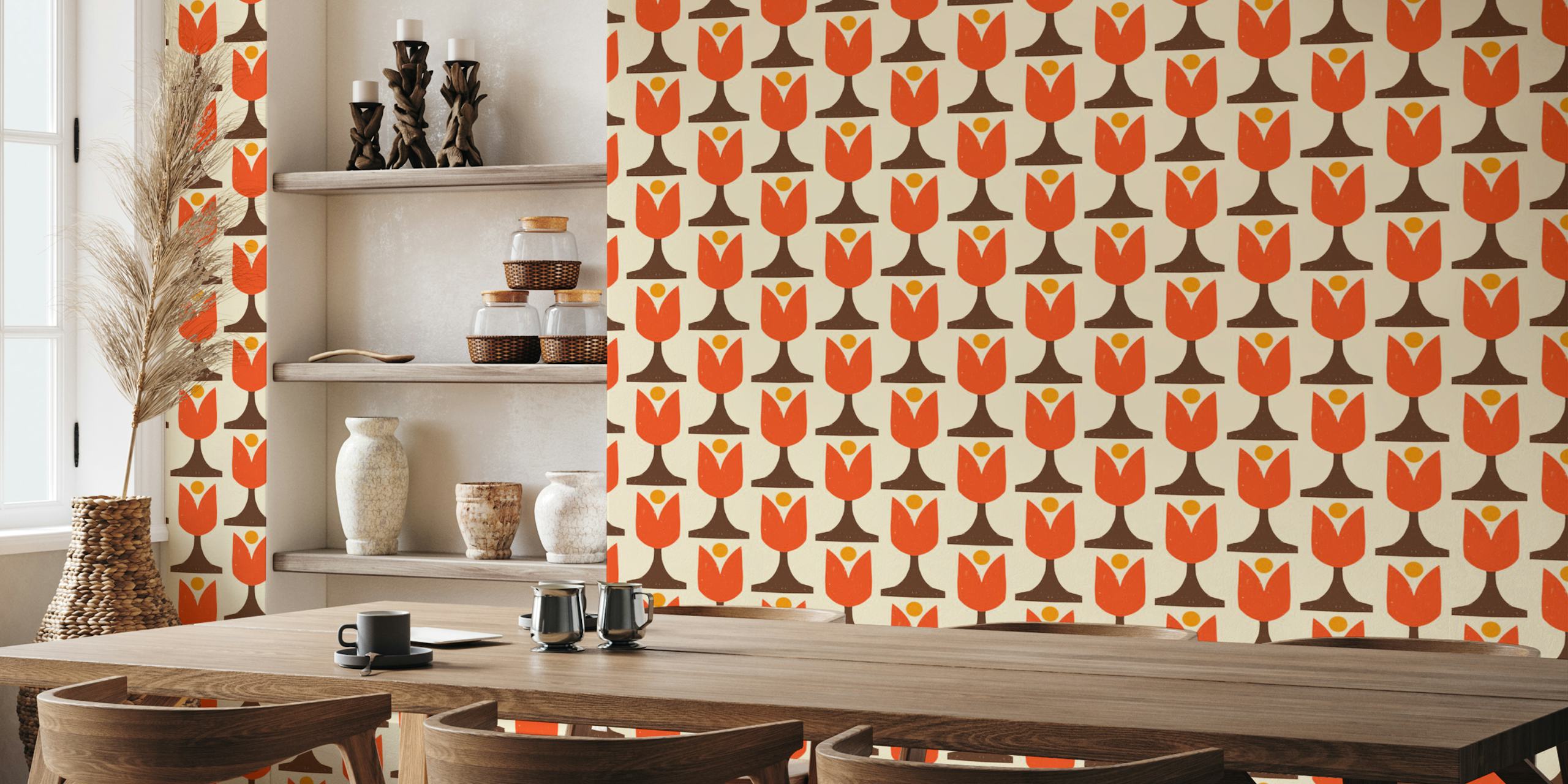 Mod 70s Flower Tulip Vanilla Brown tapet i et rum
