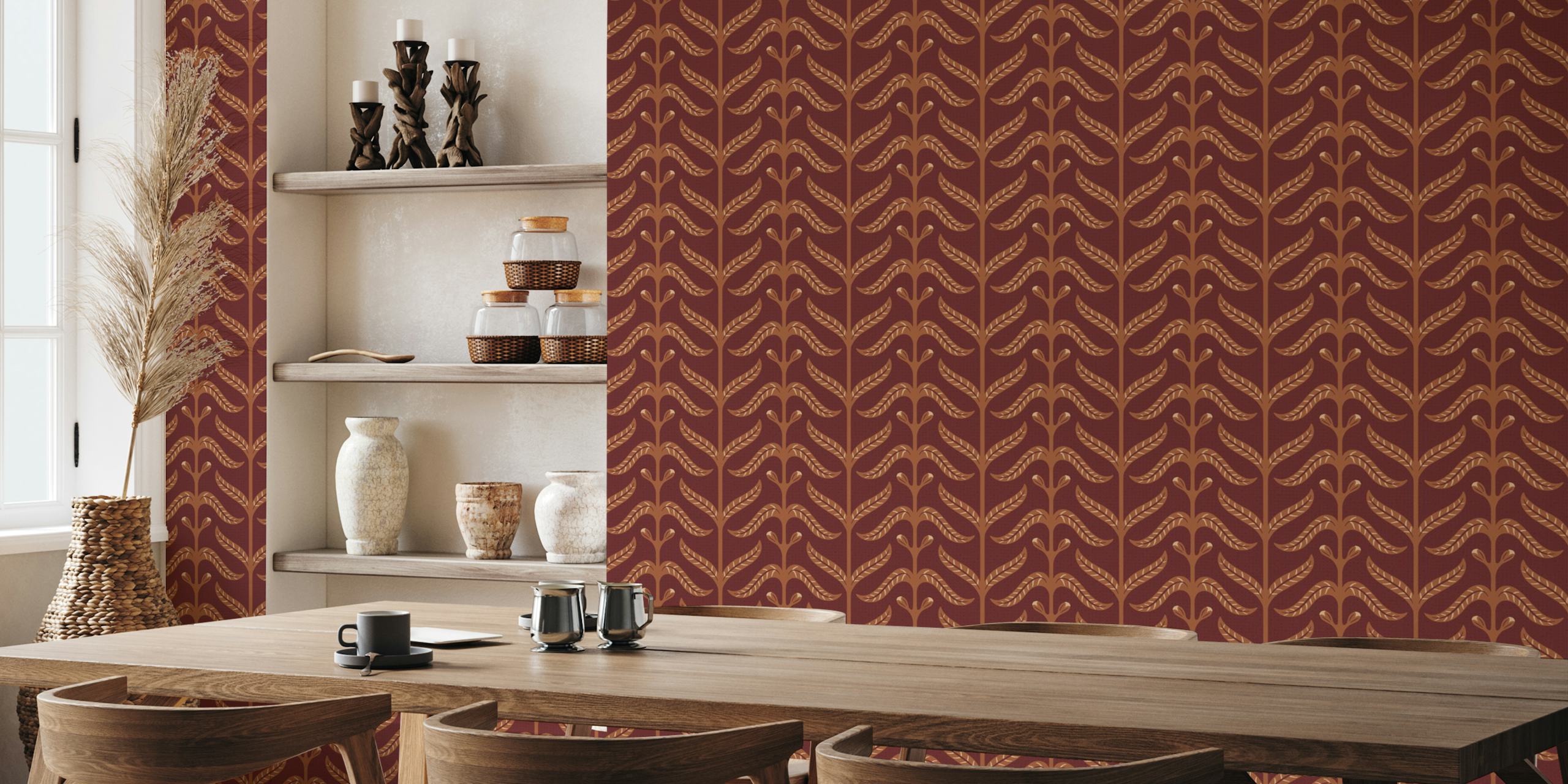 Red wallpaper with floral leaf pattern in shades of brown and beige