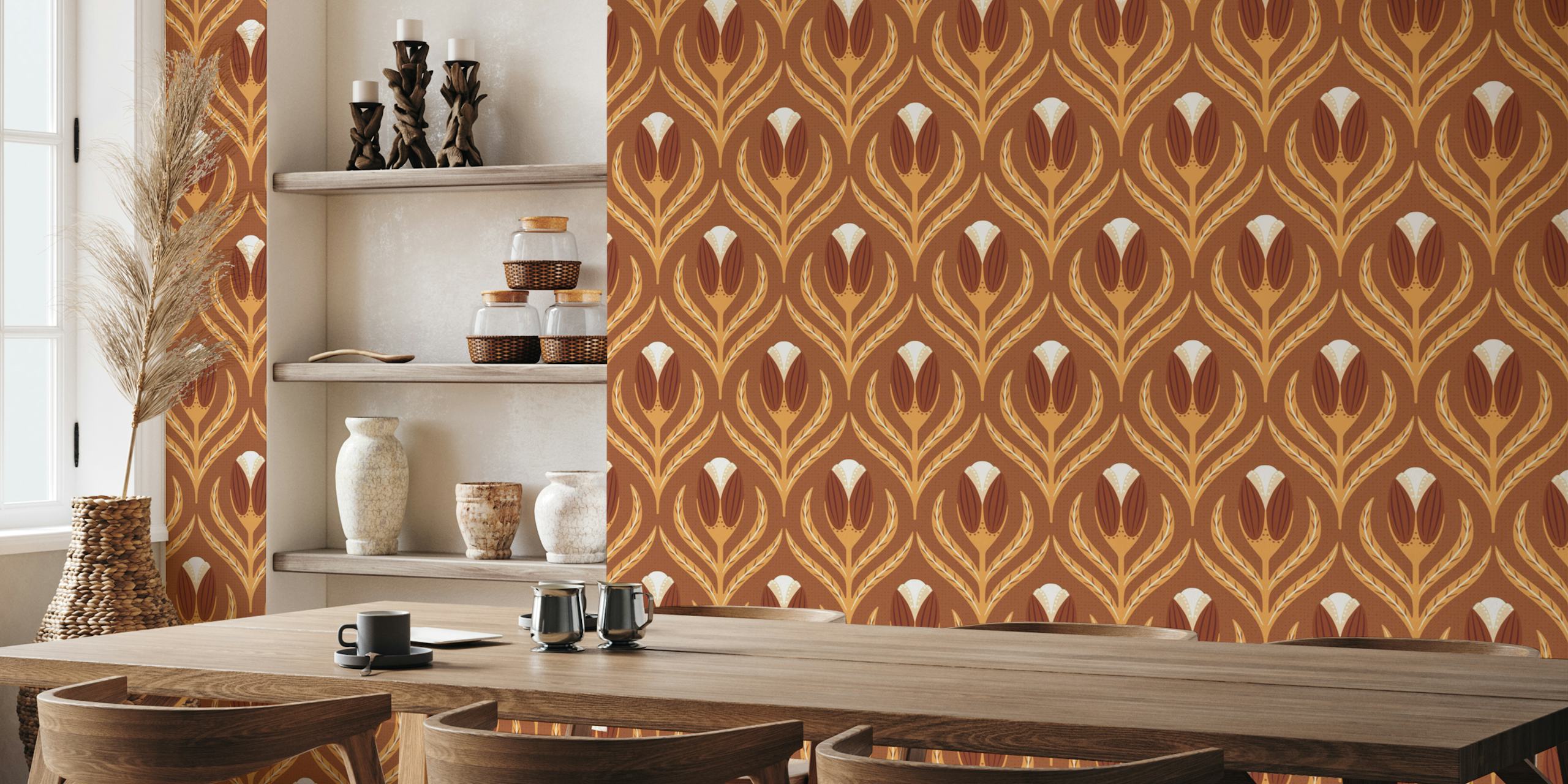 Terracotta floral pattern with brown and cream hues wallpaper