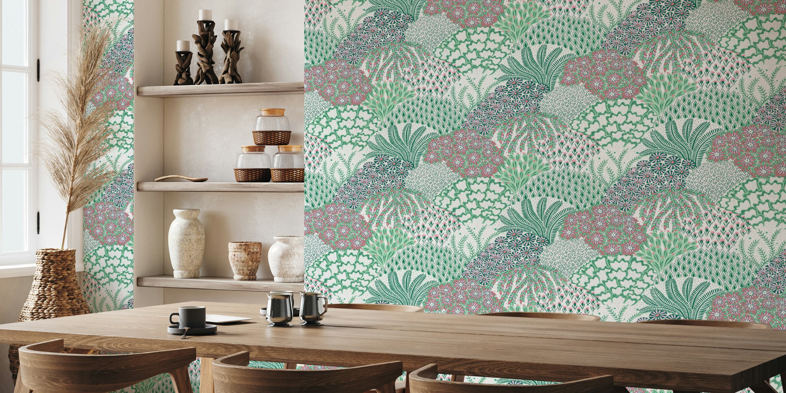 Colorful botanical floral wallpaper in green and pink shades