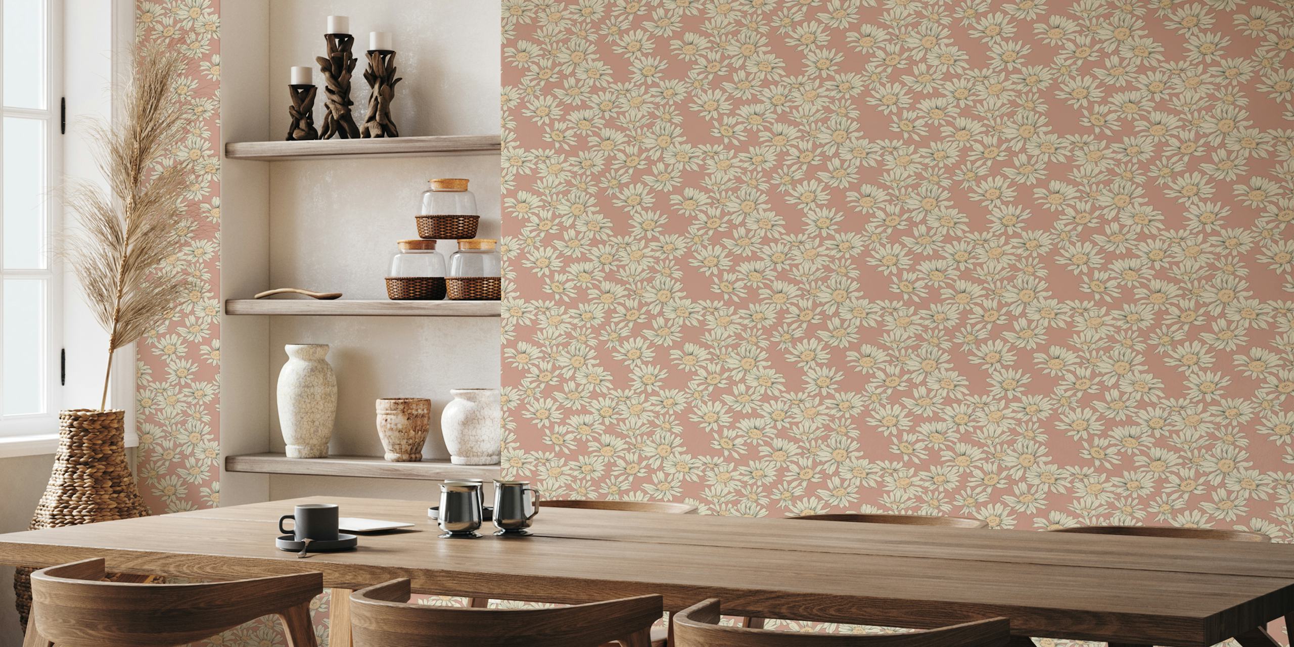 Bländande Daisy Terra tapet med neutrala prästkragar på terrakottabakgrund