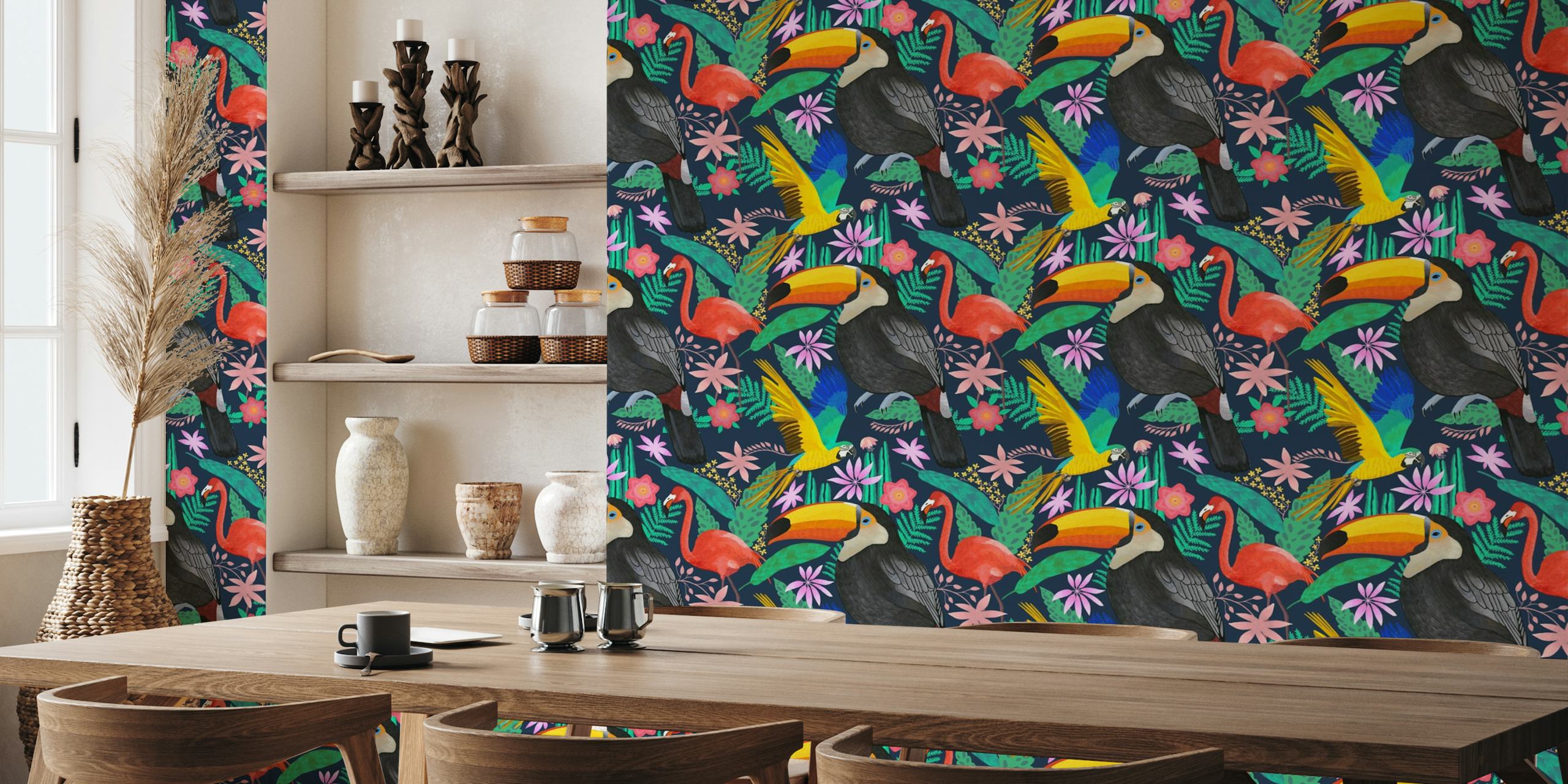 Tropical birds pattern behang