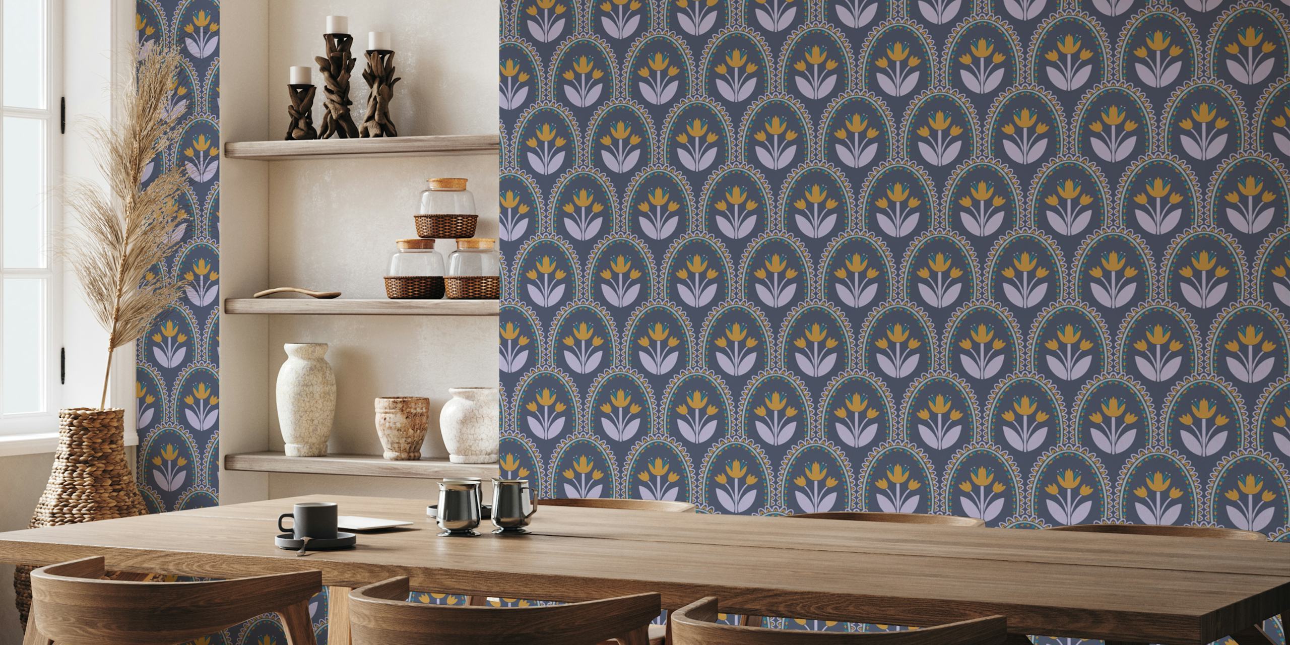 Floral pattern with yellow and lavender flowers on denim background wallpaper