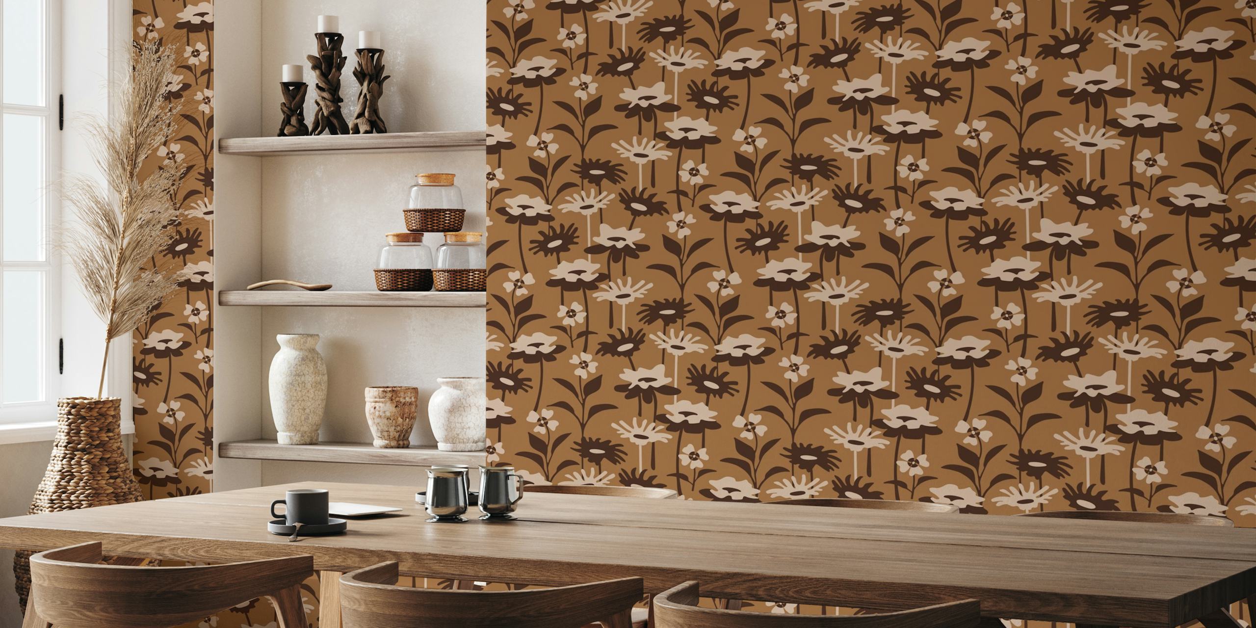GARDEN MEADOW Retro Floral - Brown Earth Tone wallpaper
