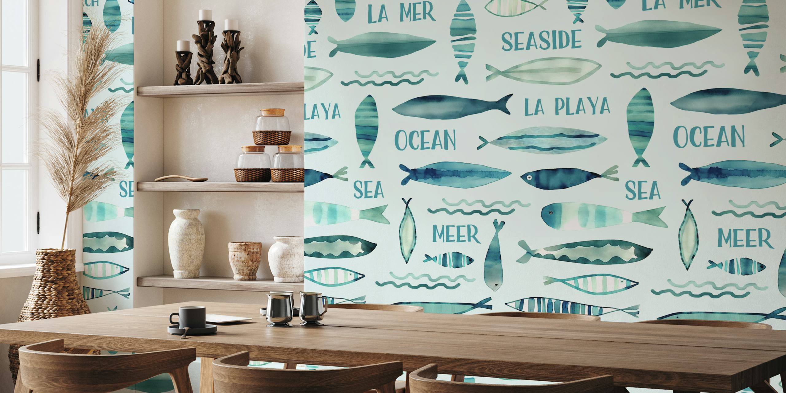 Whimsy watercolor fish wallpaper in a room