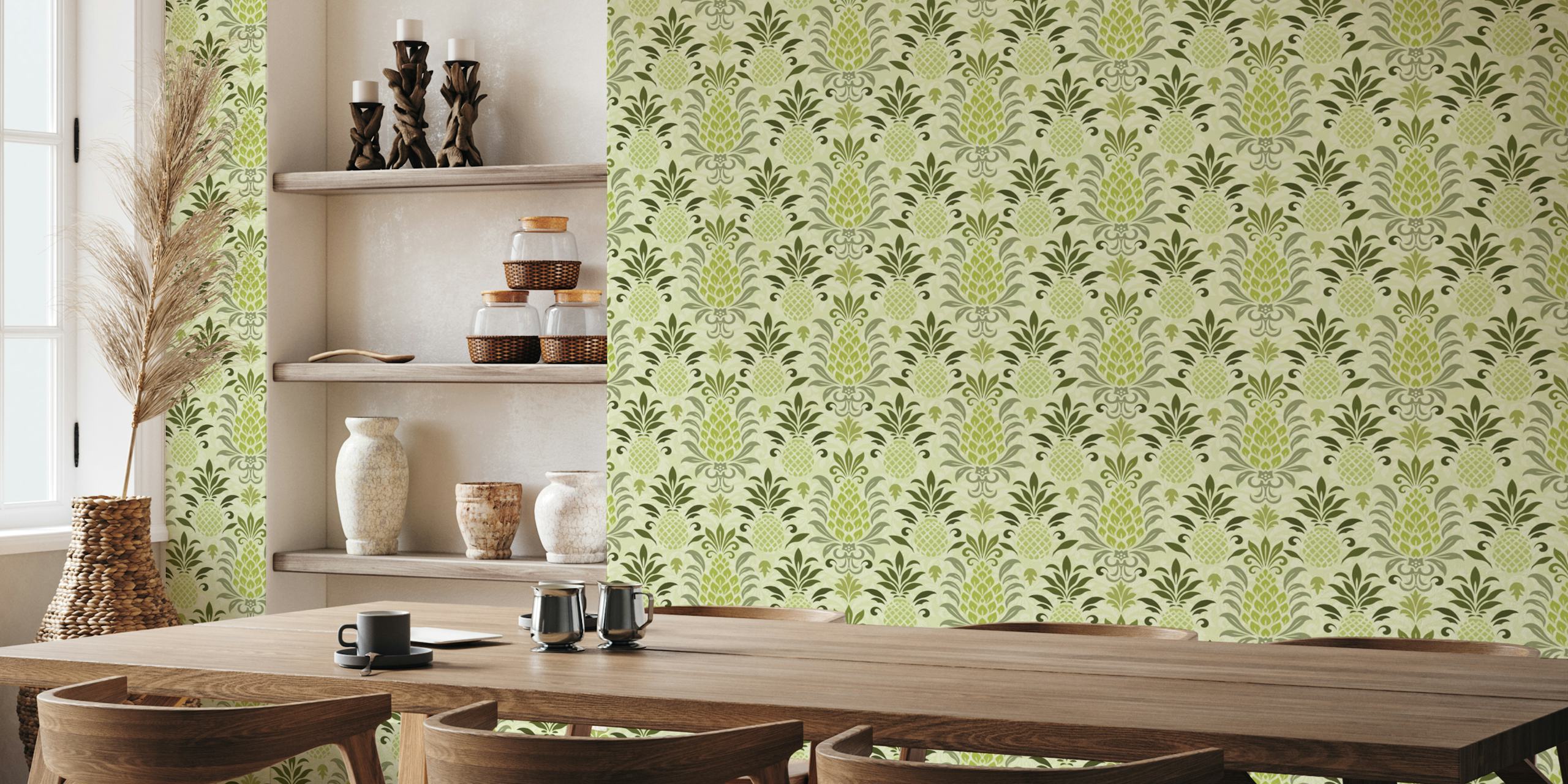 Pineapple damask pattern in shades of green wallpaper