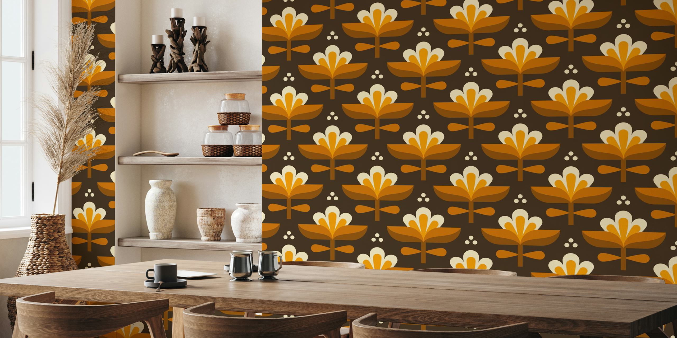 Vibrant retro blossoms papel tapiz en una habitación