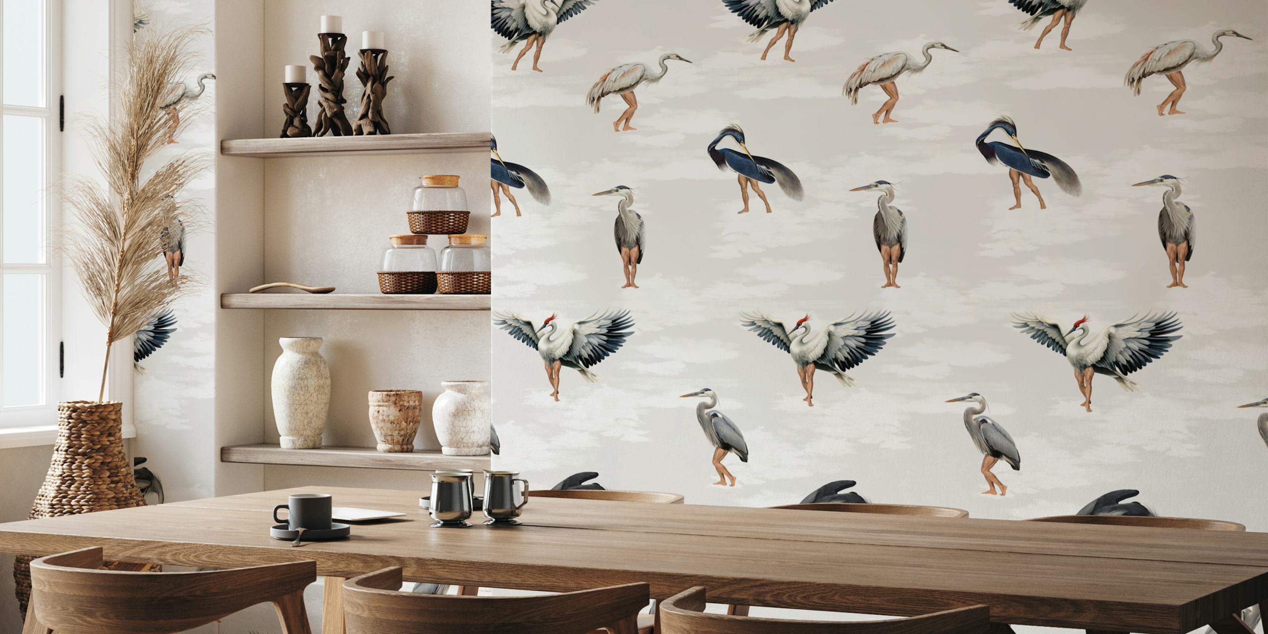 Fototapeta Crane Bird-boys s řadou jeřábů v různých pózách na světlém pozadí