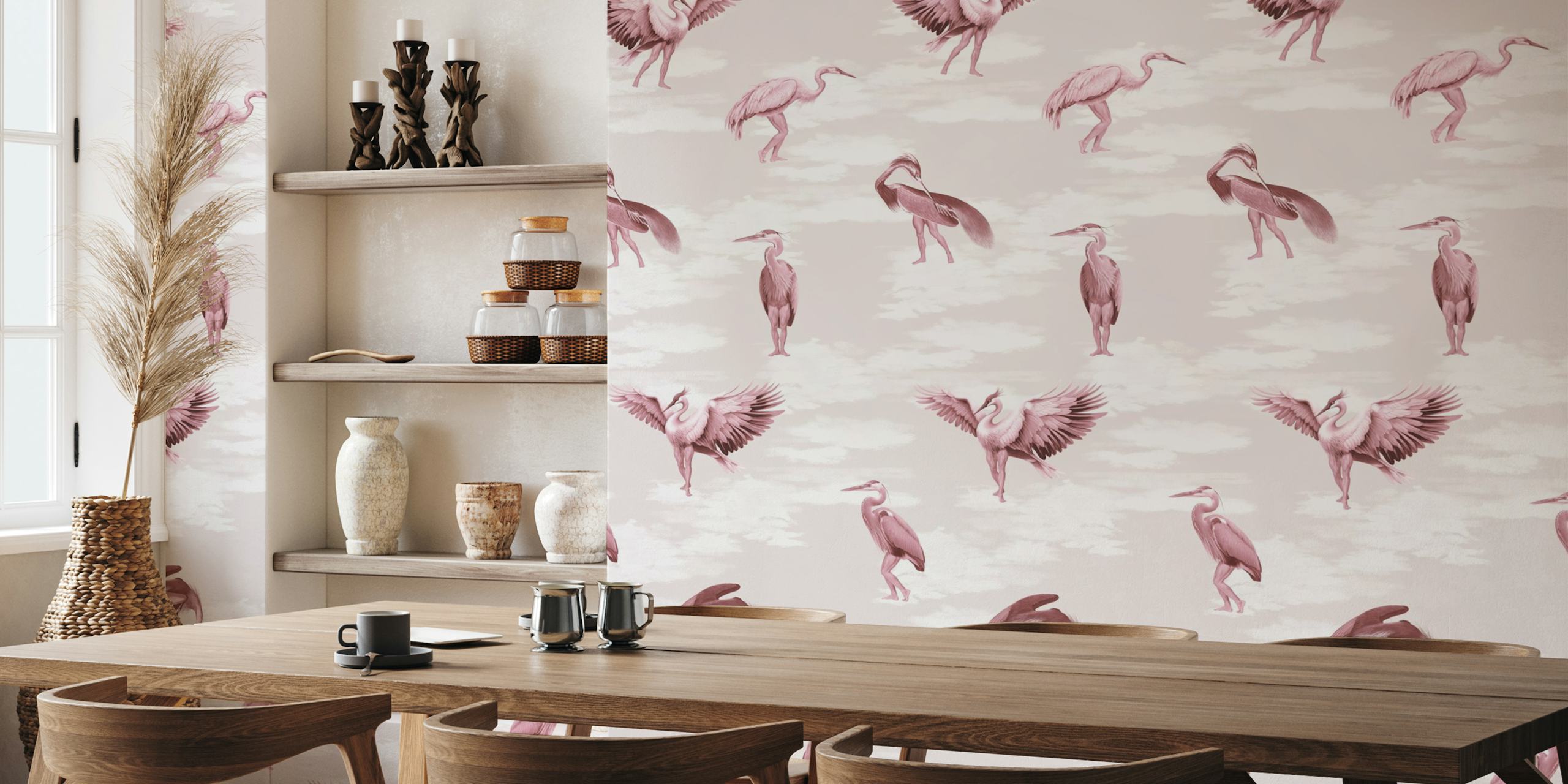 Vintage pink crane bird wallpaper with birds in flight and standing.