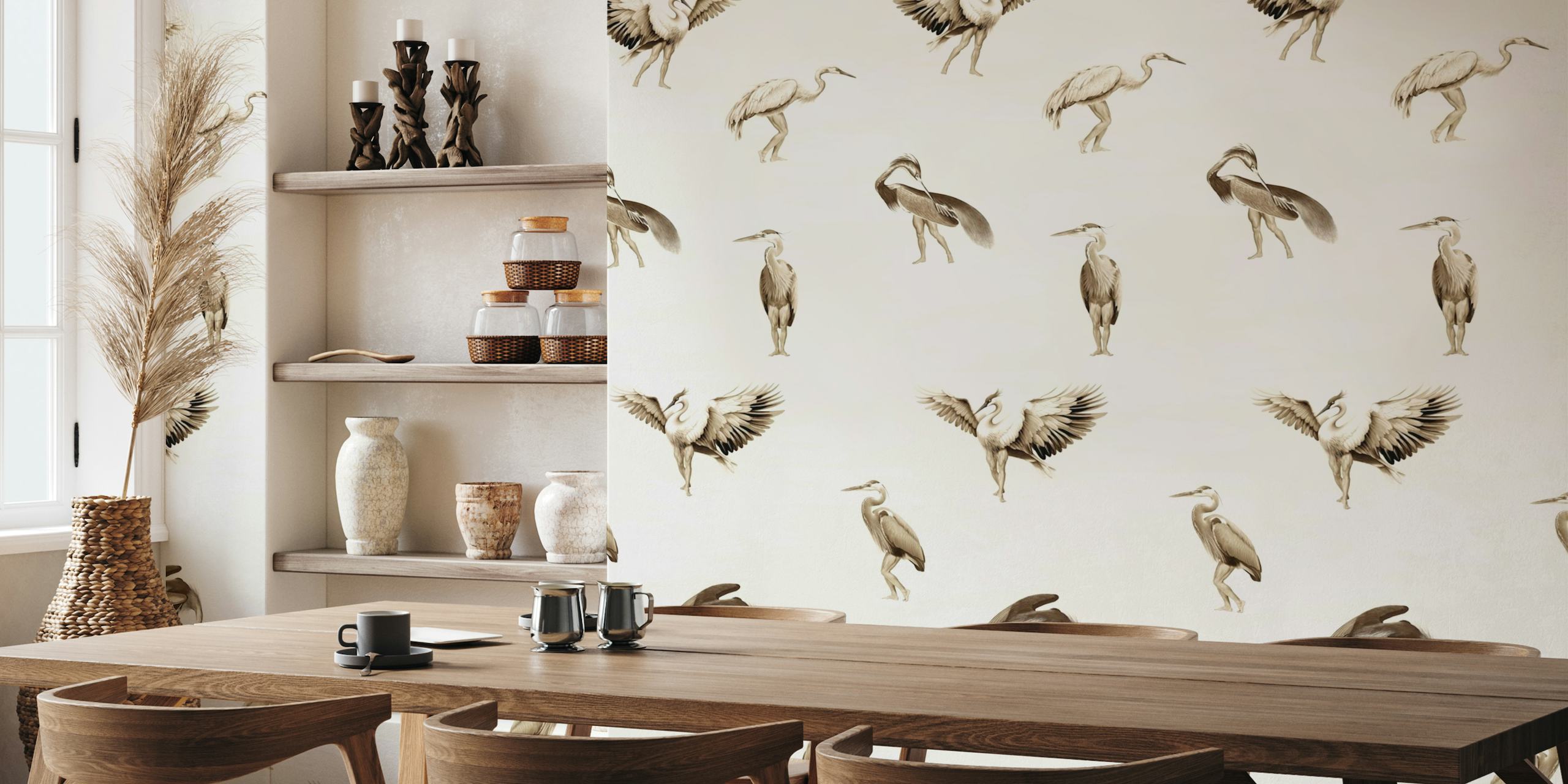 Crane Bird-boys in sepia brown wallpaper