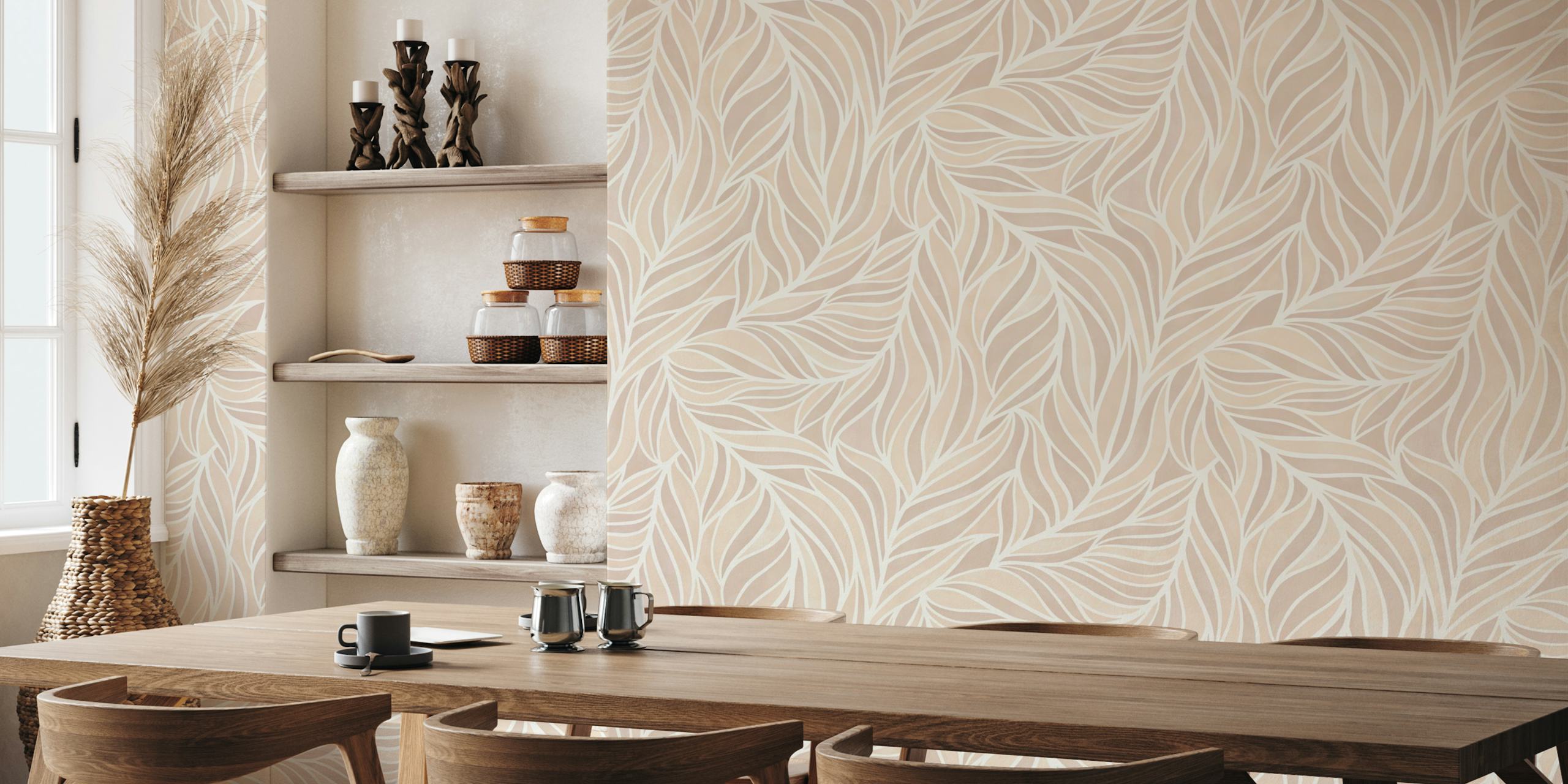 Papier peint mural à motifs de feuilles abstraits et minimalistes et chaleureux sur fond blanc cassé
