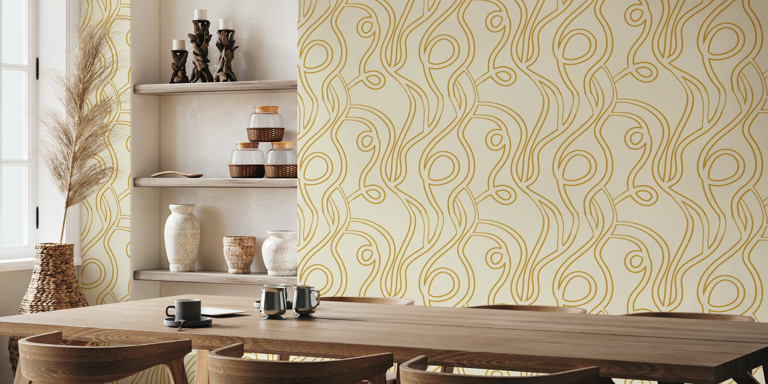 Beige wallpaper with gold minimalist line designs
