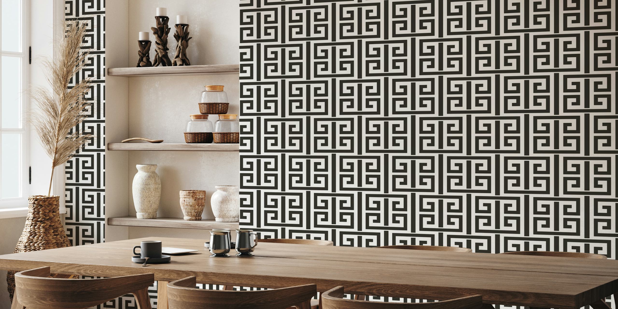 Papel pintado negro y crema Greek Key Geometric