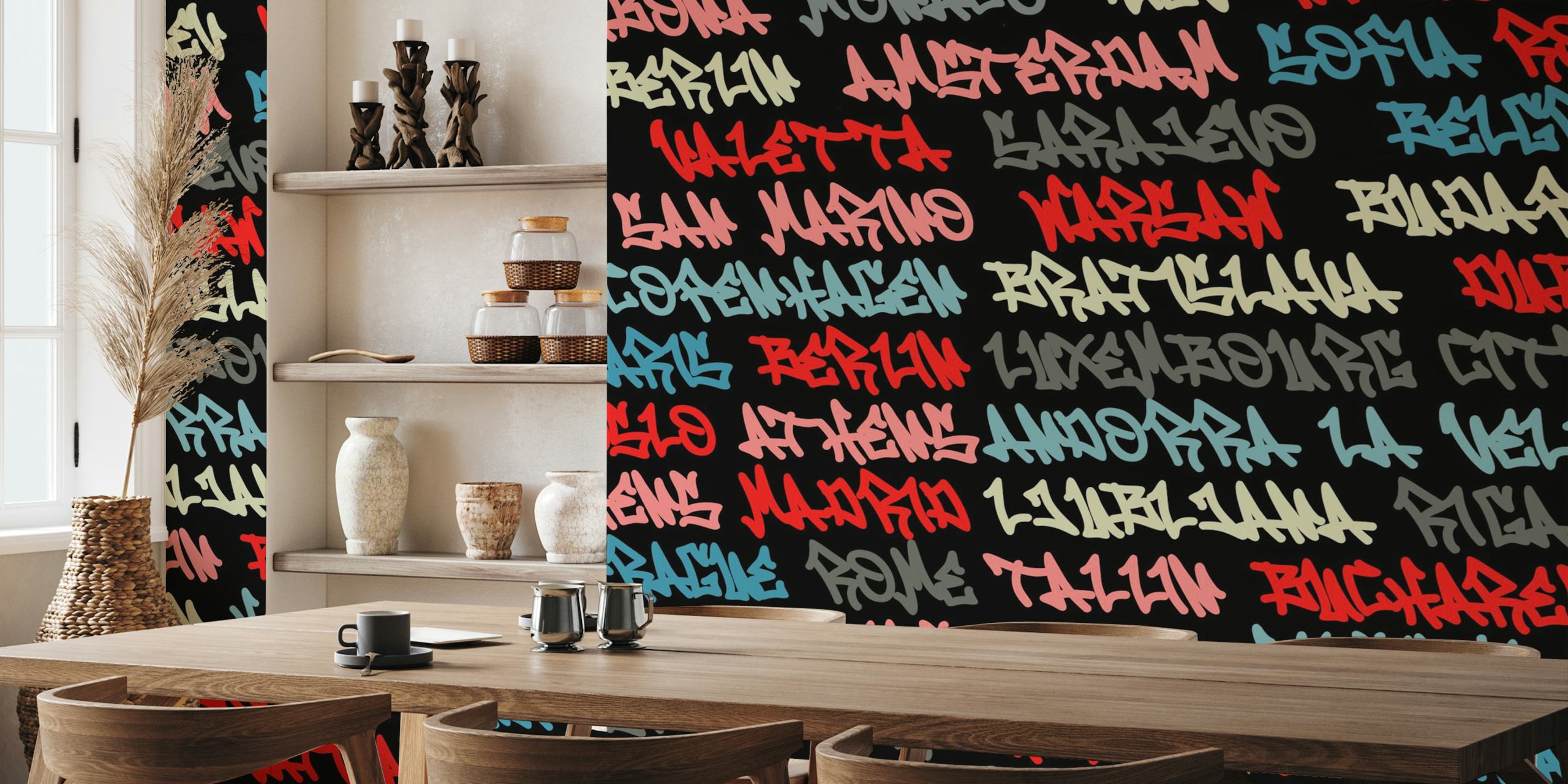 Colorful text-based wall mural with European capital city names