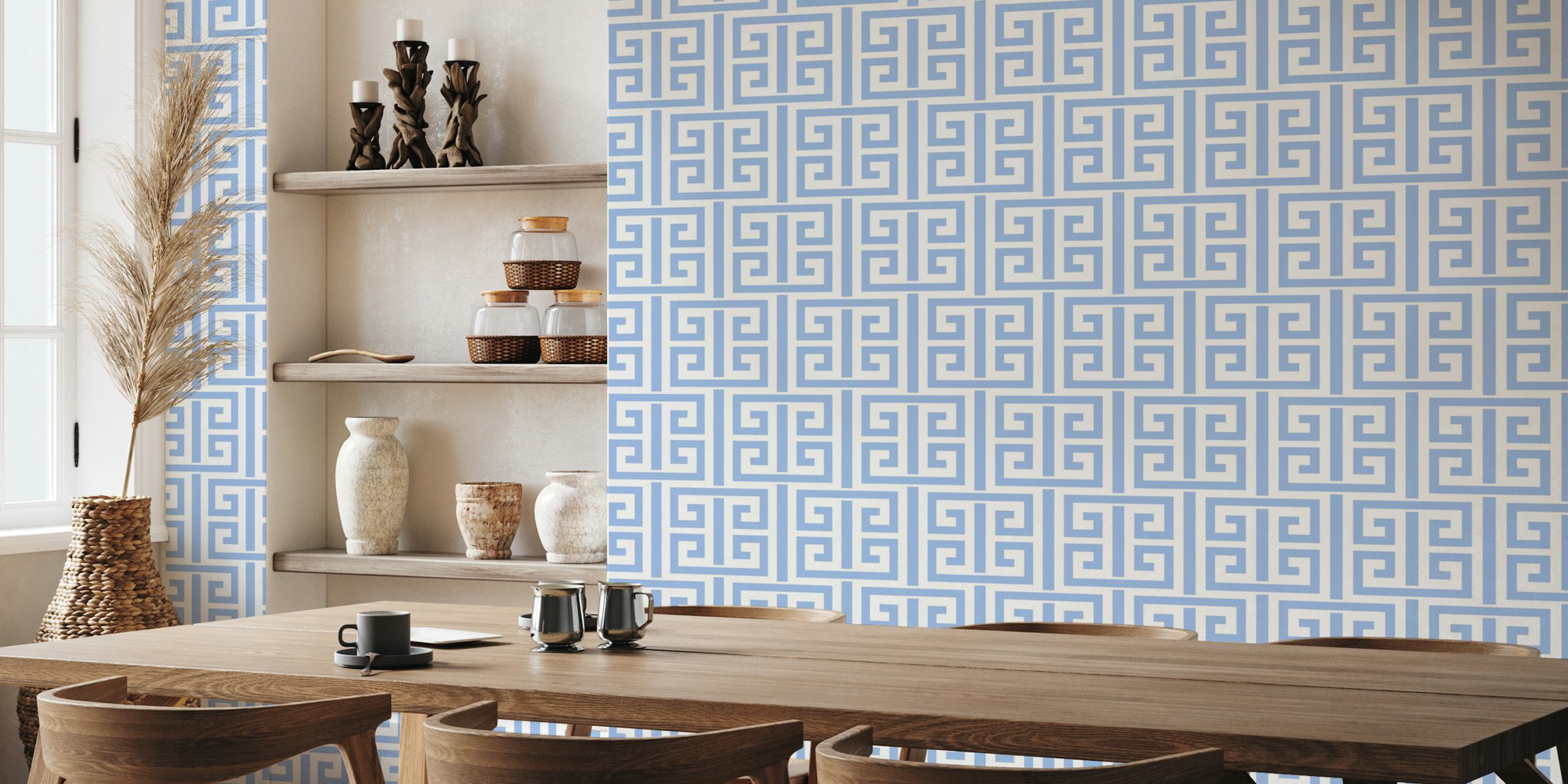 Geometric Greek key pattern in blue and white wallpaper