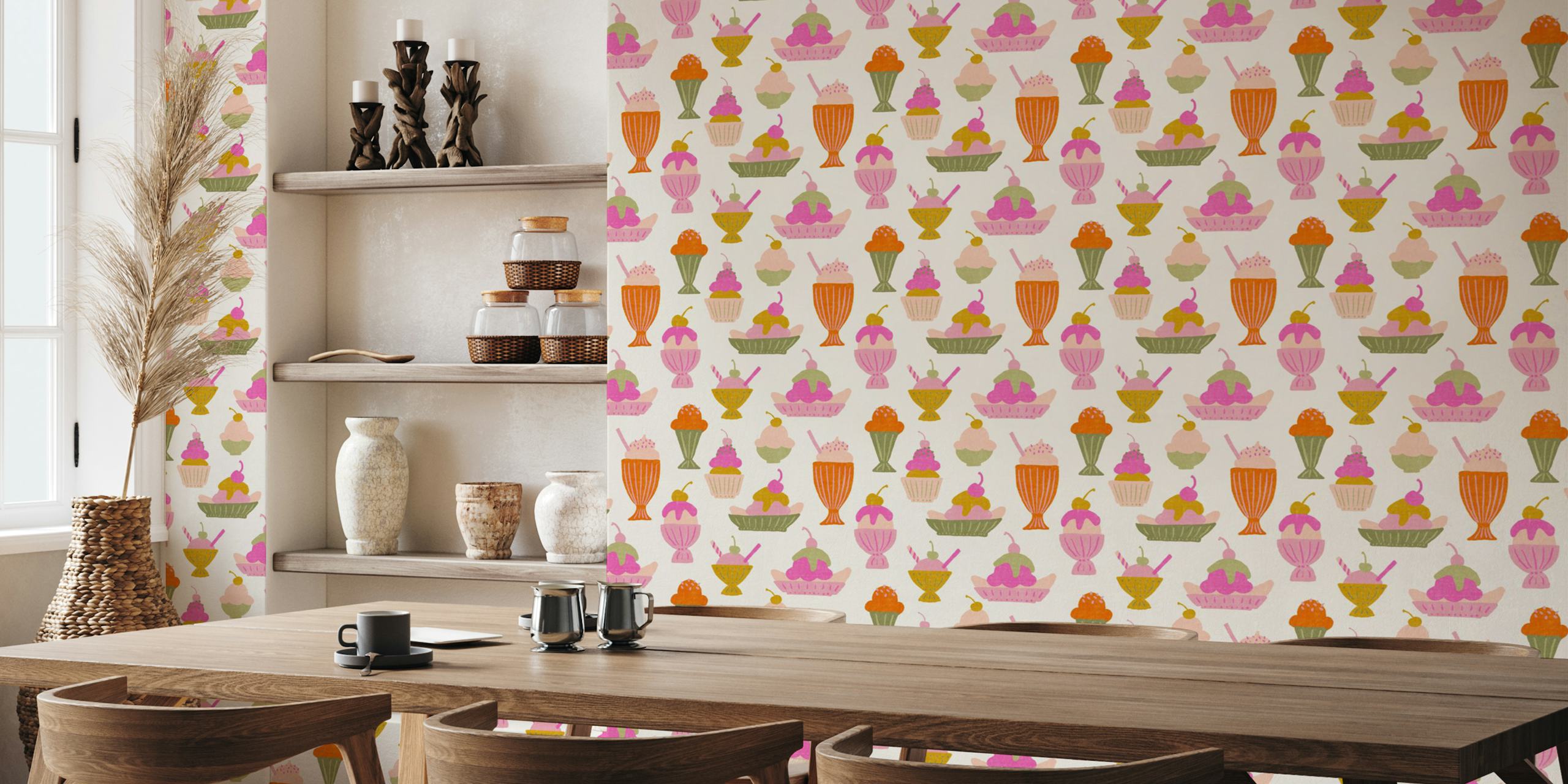 Colorful ice cream illustrations in pink, orange, and green wallpaper