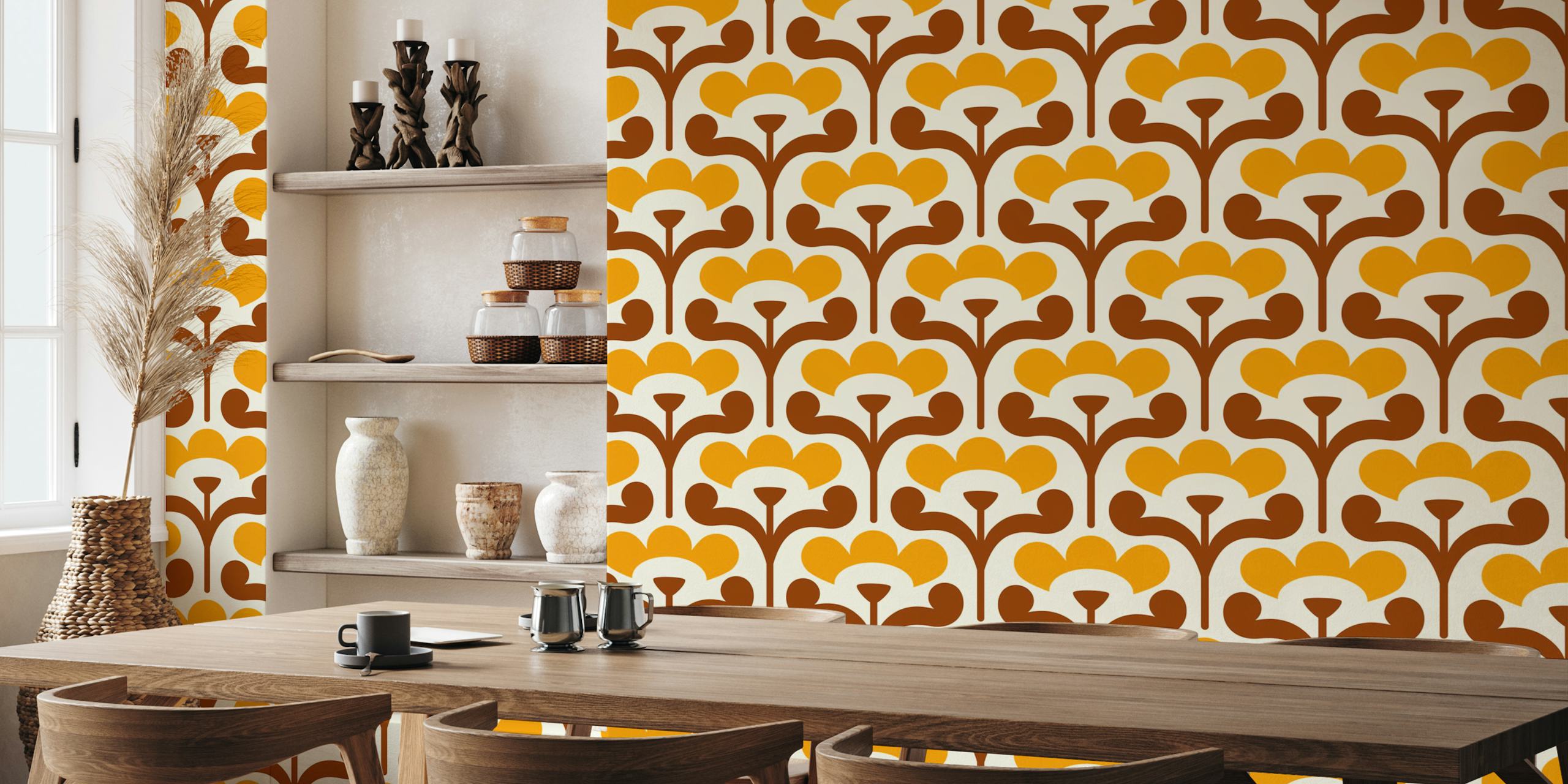 Retro blossoms pattern gul tapet i et rom