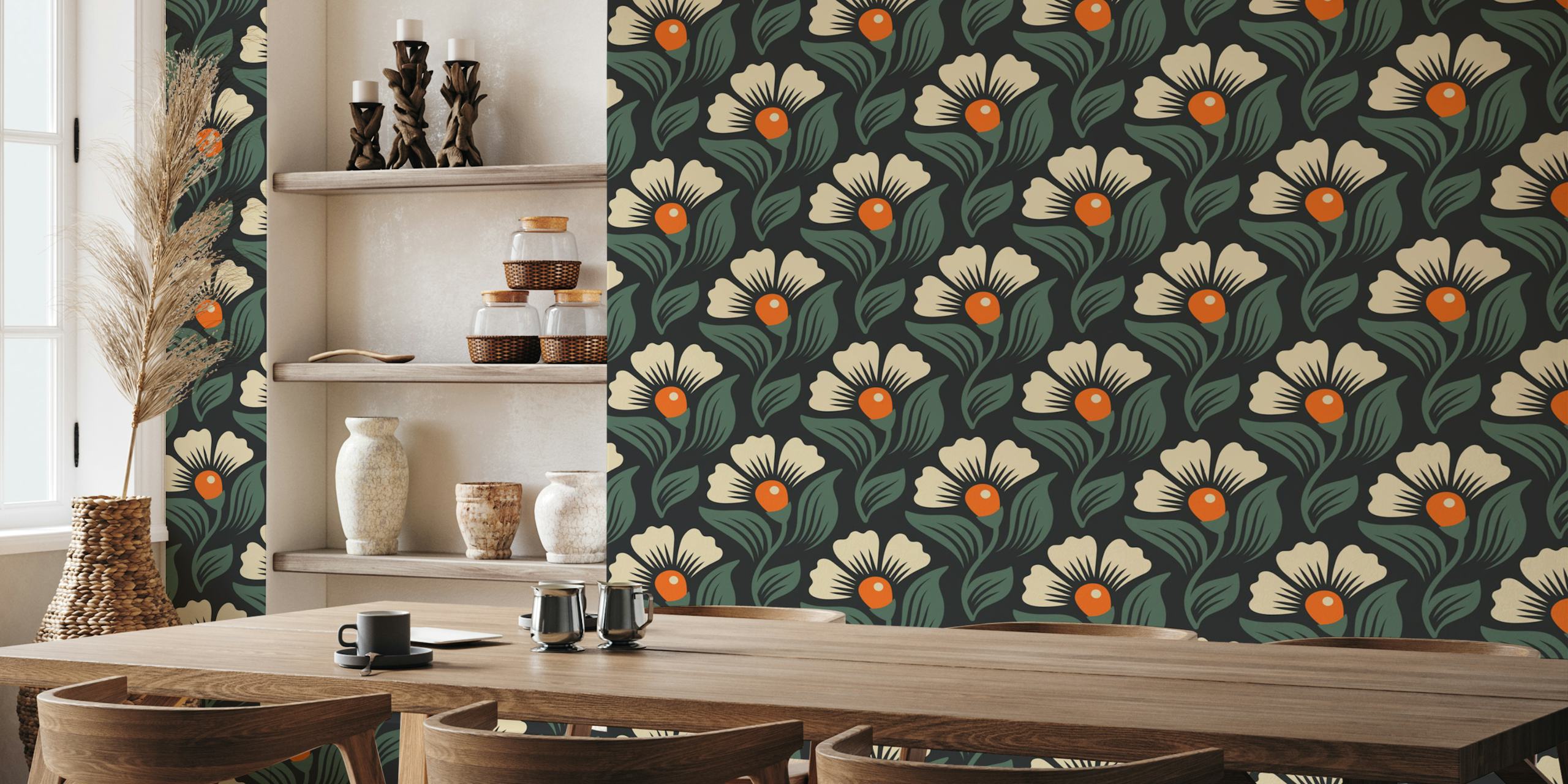 Hand drawn blossoms pattern wallpaper in a room