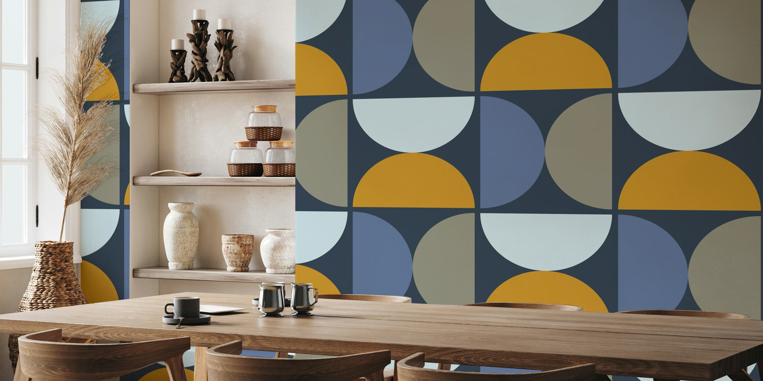 Geometric semicircles in blue, gold, and gray wallpaper