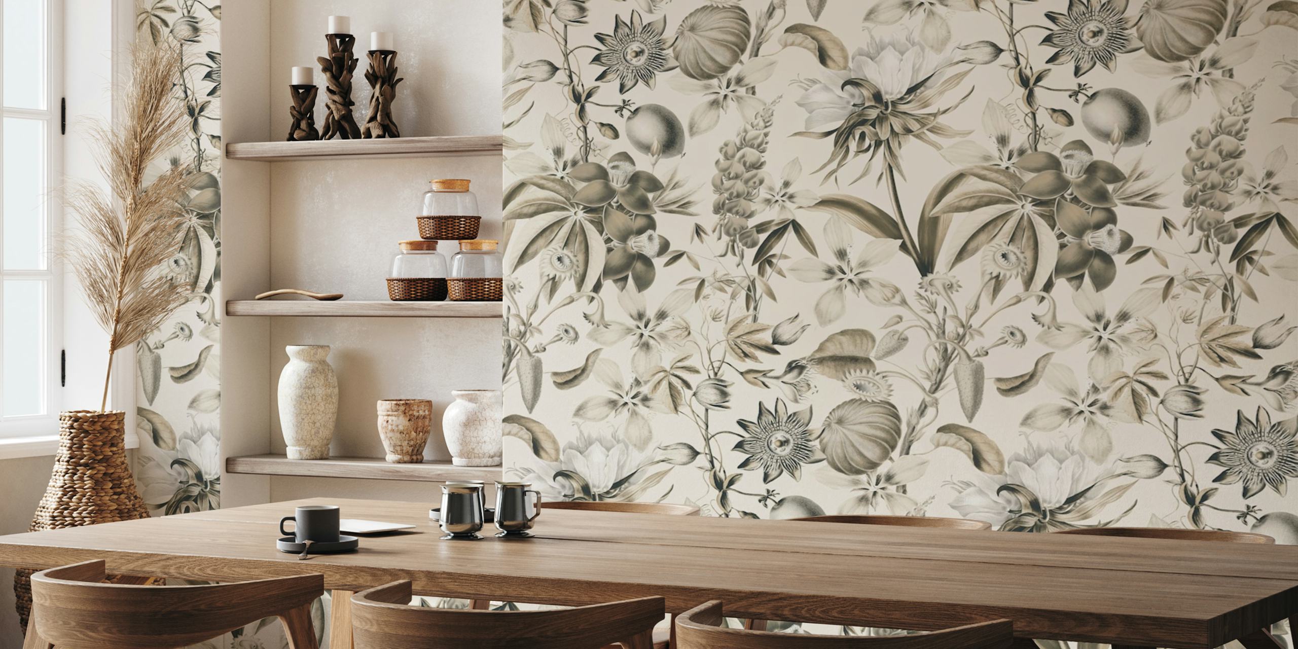 Tropikalna kwiatowa serenada Egzotyczne kwiaty Fototapeta w kolorze kości słoniowej przedstawiająca tropikalne kwiaty i liście w kolorze kości słoniowej