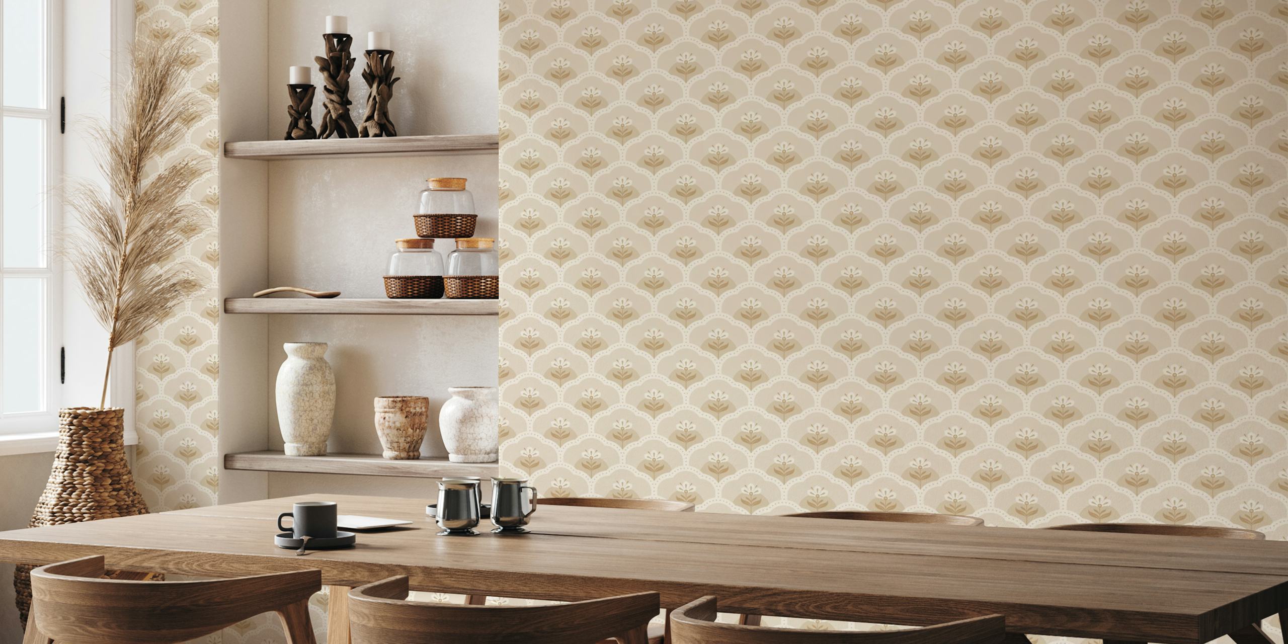 Warm grey floral scallop pattern wallpaper