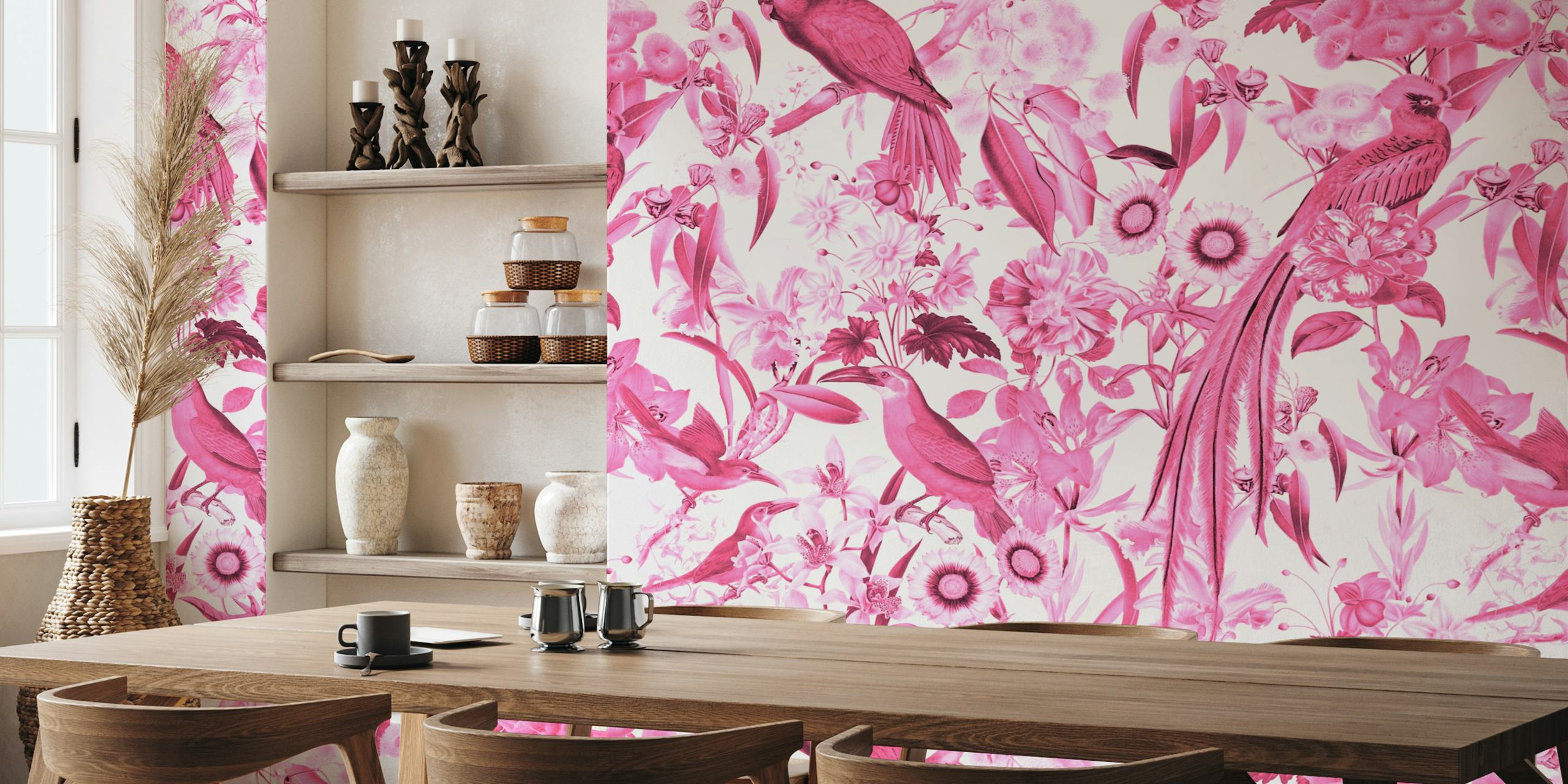 Delia Silvae wall mural with pink tropical birds and flora