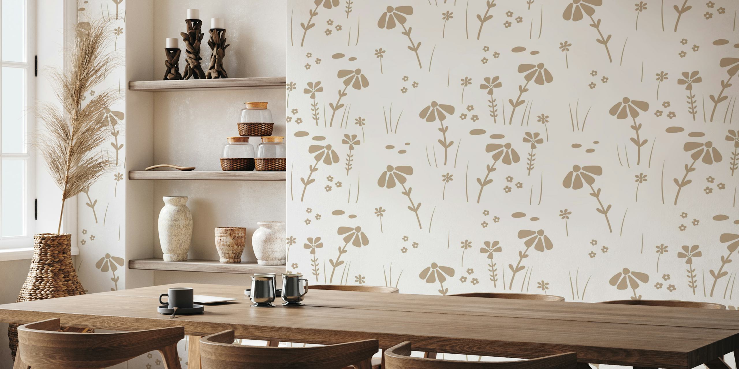Beige wildflowers and simple florals on white background wallpaper