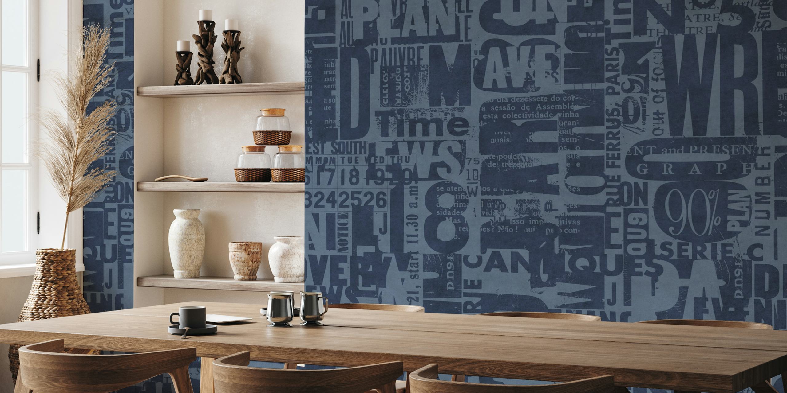 Urban style blue wall mural with grunge typography and numbers