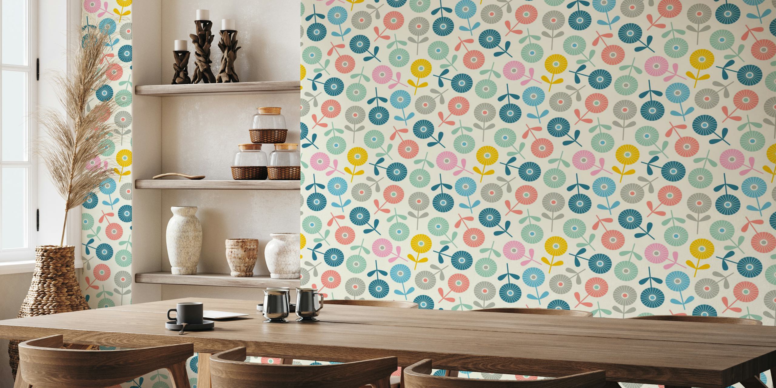 Colorful floral pattern with pink, blue, and green flowers on cream wallpaper