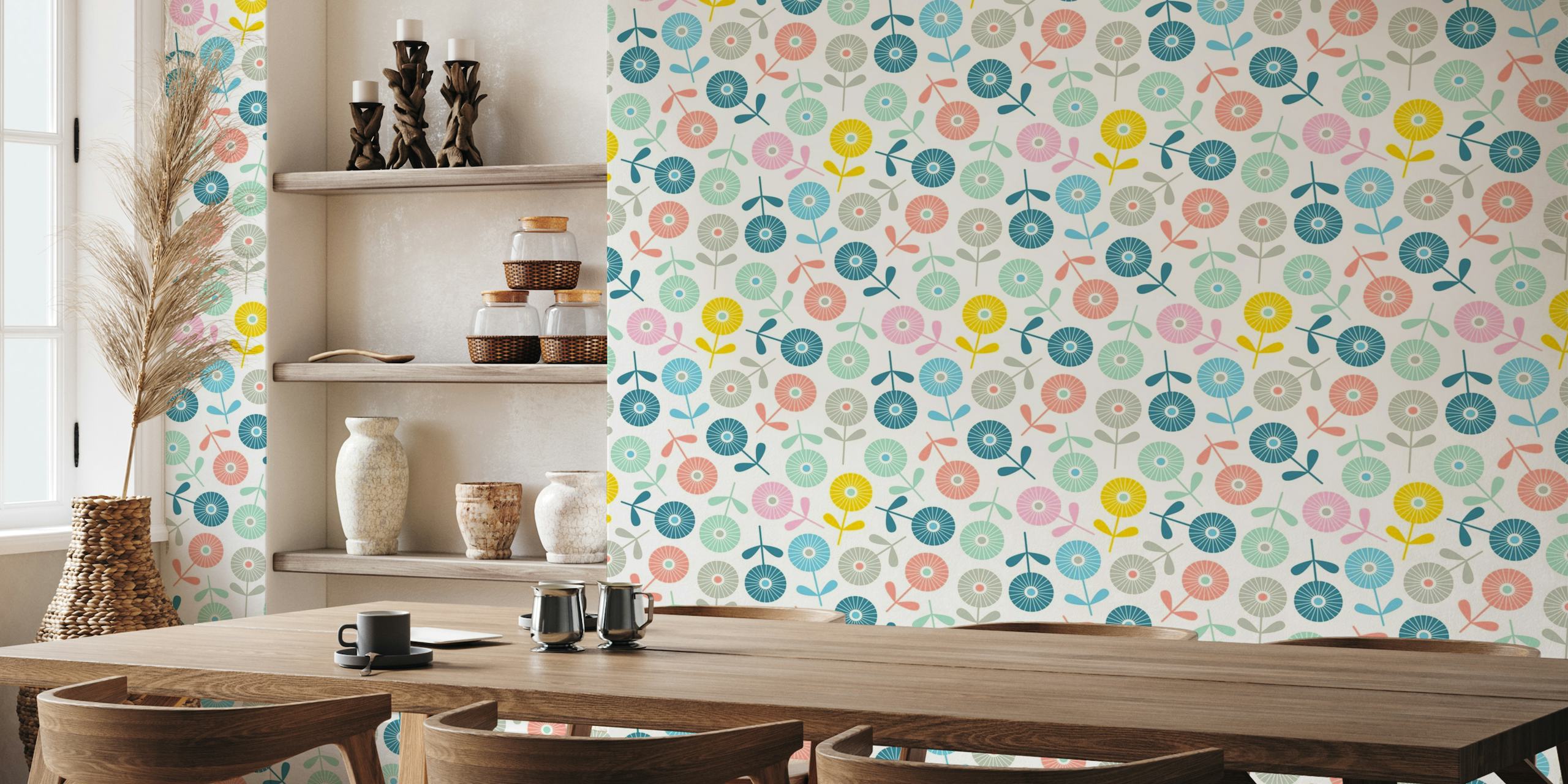 Pastel-colored floral patterns on a cream background wall mural