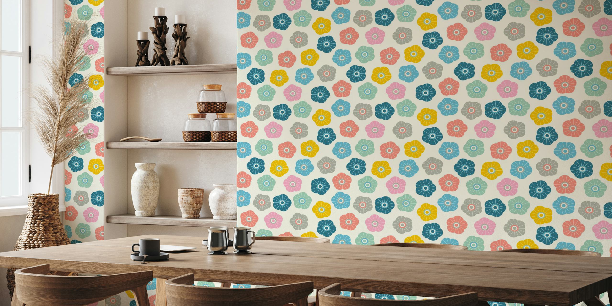Pastelbloemenbehang Met Spring Daisies Fresh Floral - Pastel On Cream In Een Kamer