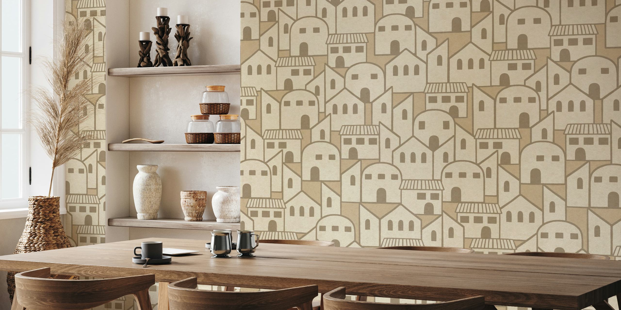 Modèle de maisons abstraites minimalistes dans des couleurs beige et beige pour une fresque murale