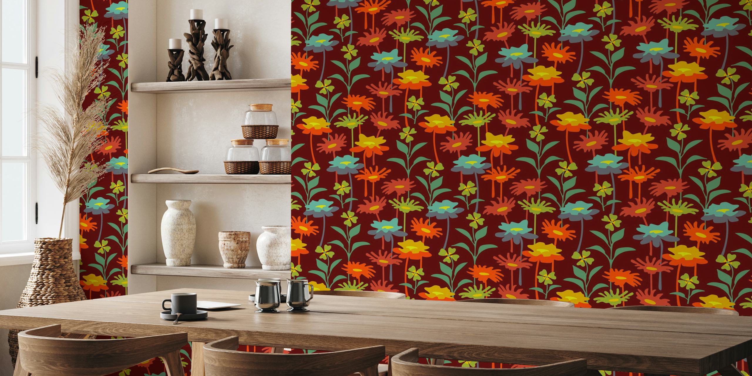 Colorful retro floral pattern in warm sunset colors wallpaper