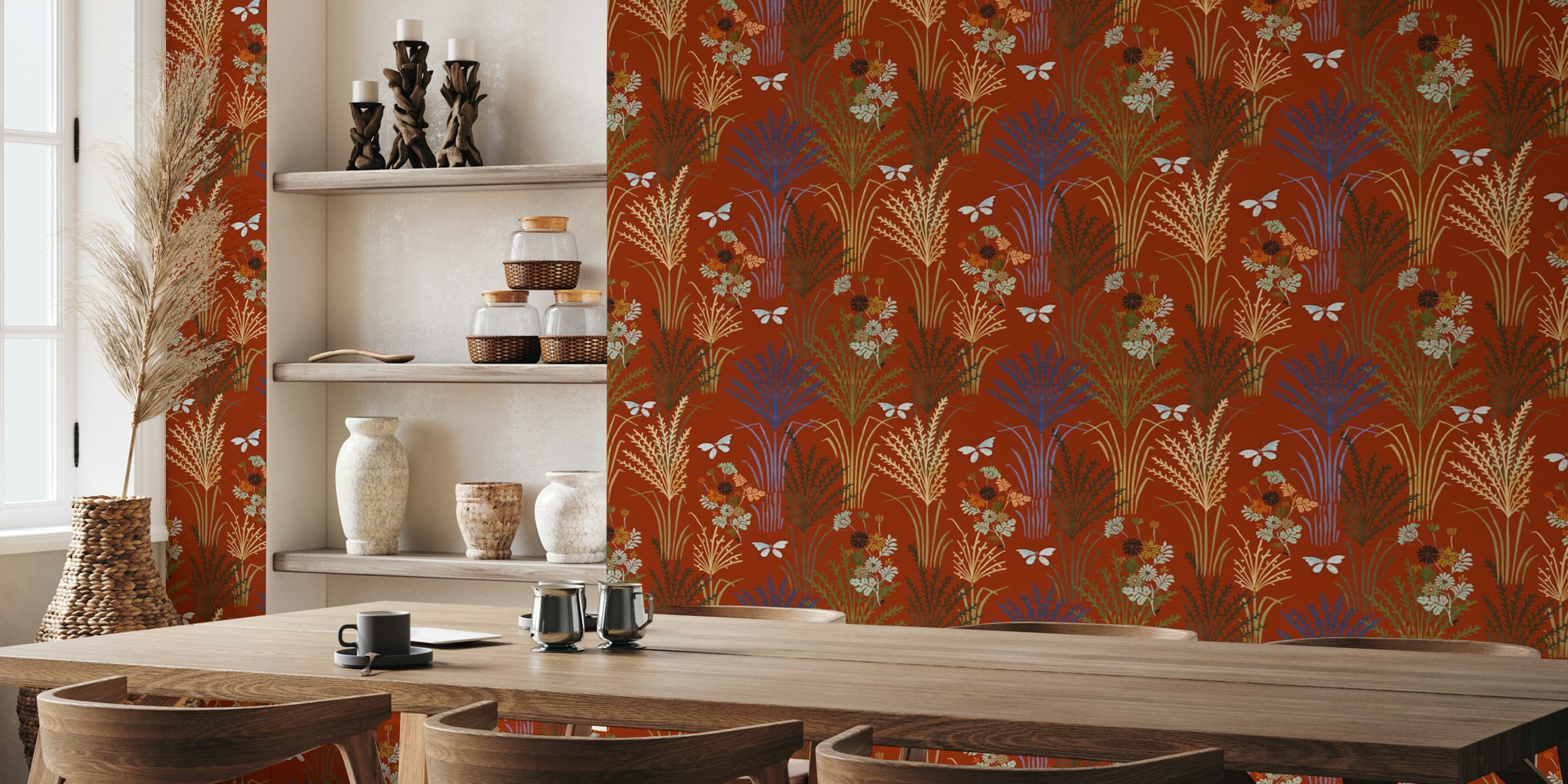 Eulalia Flowers Japanese Art wall mural with butterflies and floral patterns on a terracotta background