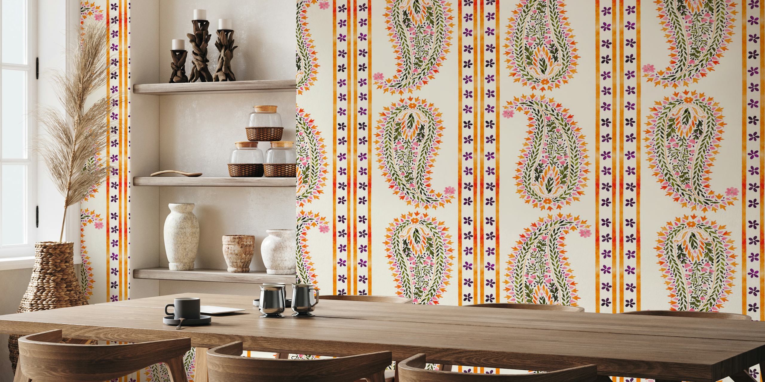 Colorful paisley patterns with flowers in pink, green, and orange wallpaper
