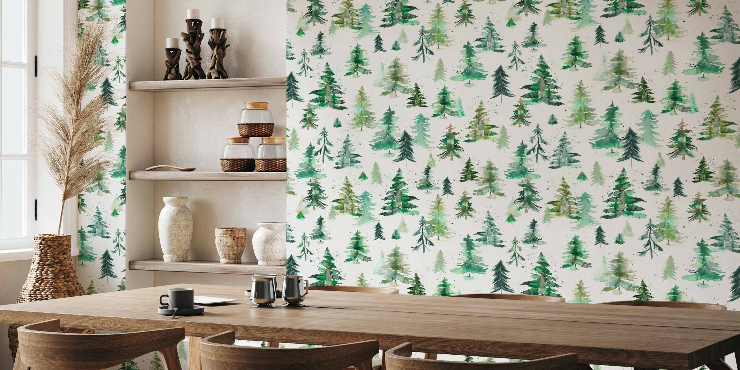 Illustrative forest and mountain wall mural depicting various trees on a white background