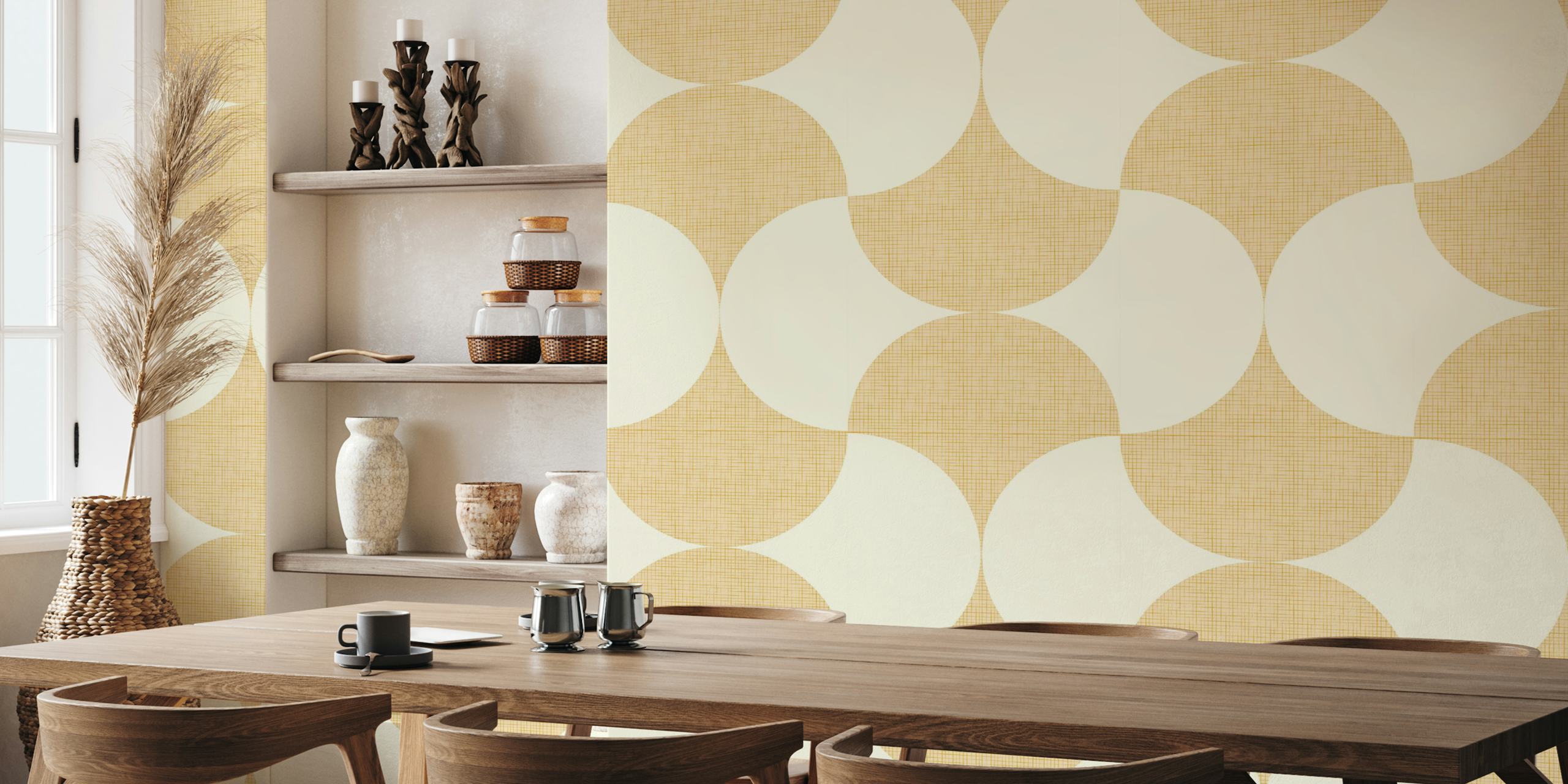 Mid century minimalism wallpaper with cream geometric shapes on a textured warm background